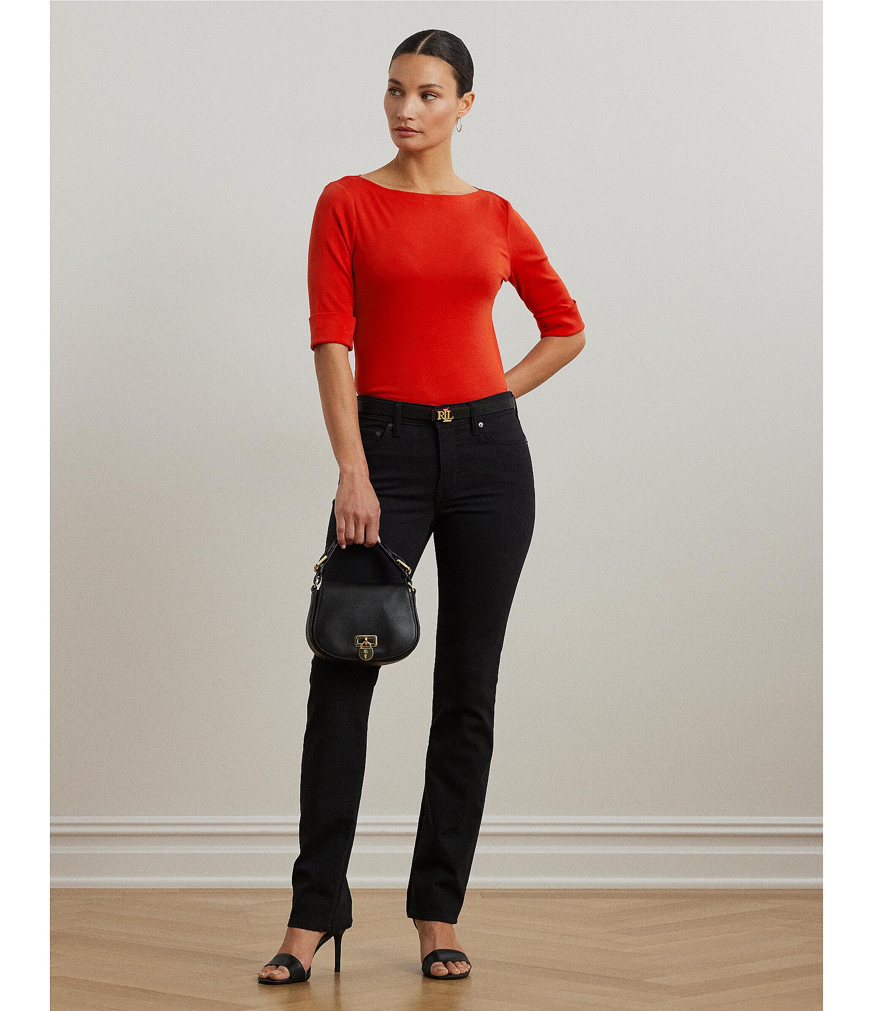 Lauren Ralph Lauren Petite Size Judy Solid Stretch-Infuse Cotton Boat Neck Tee