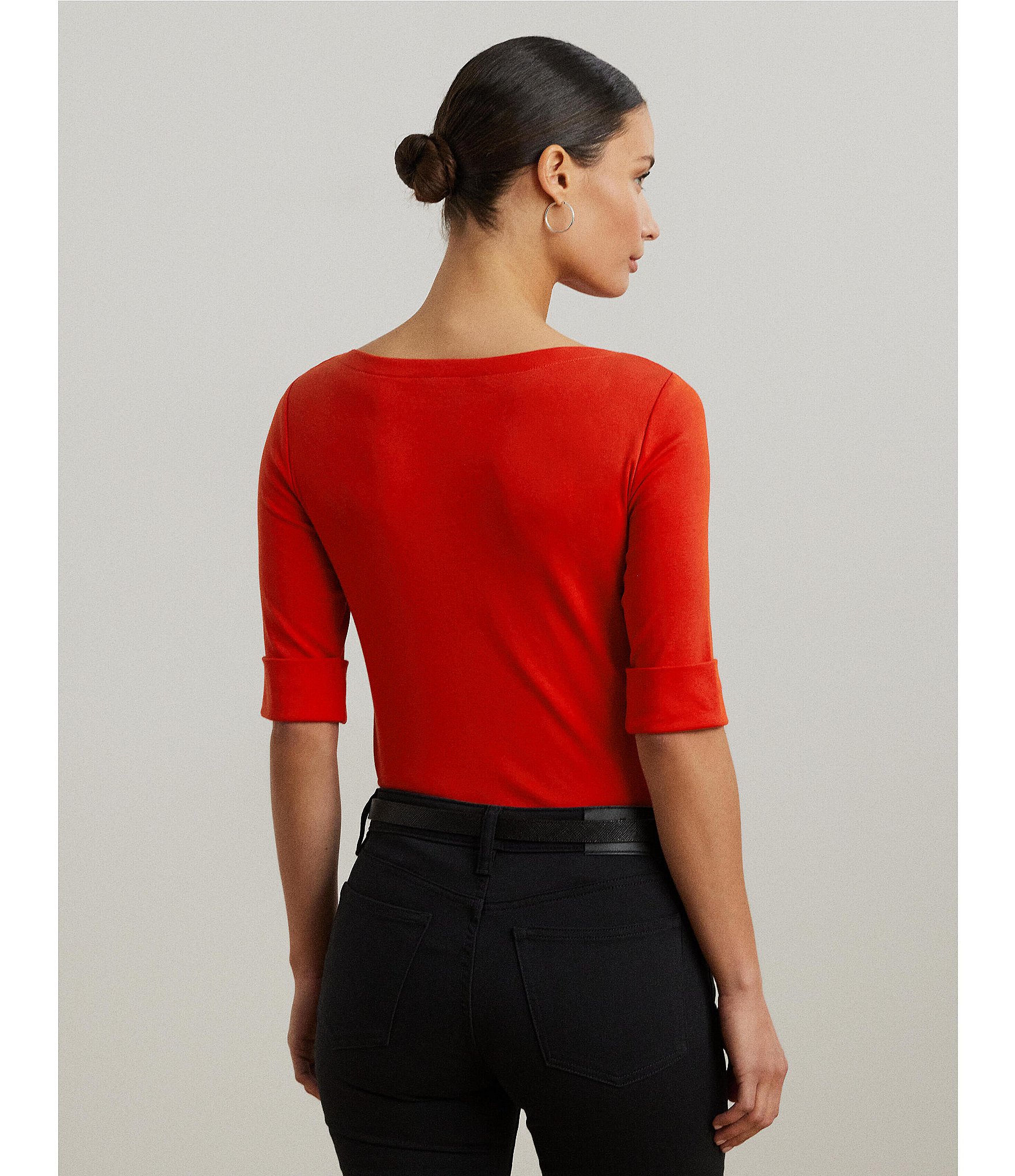 Lauren Ralph Lauren Petite Size Judy Solid Stretch-Infuse Cotton Boat Neck Tee