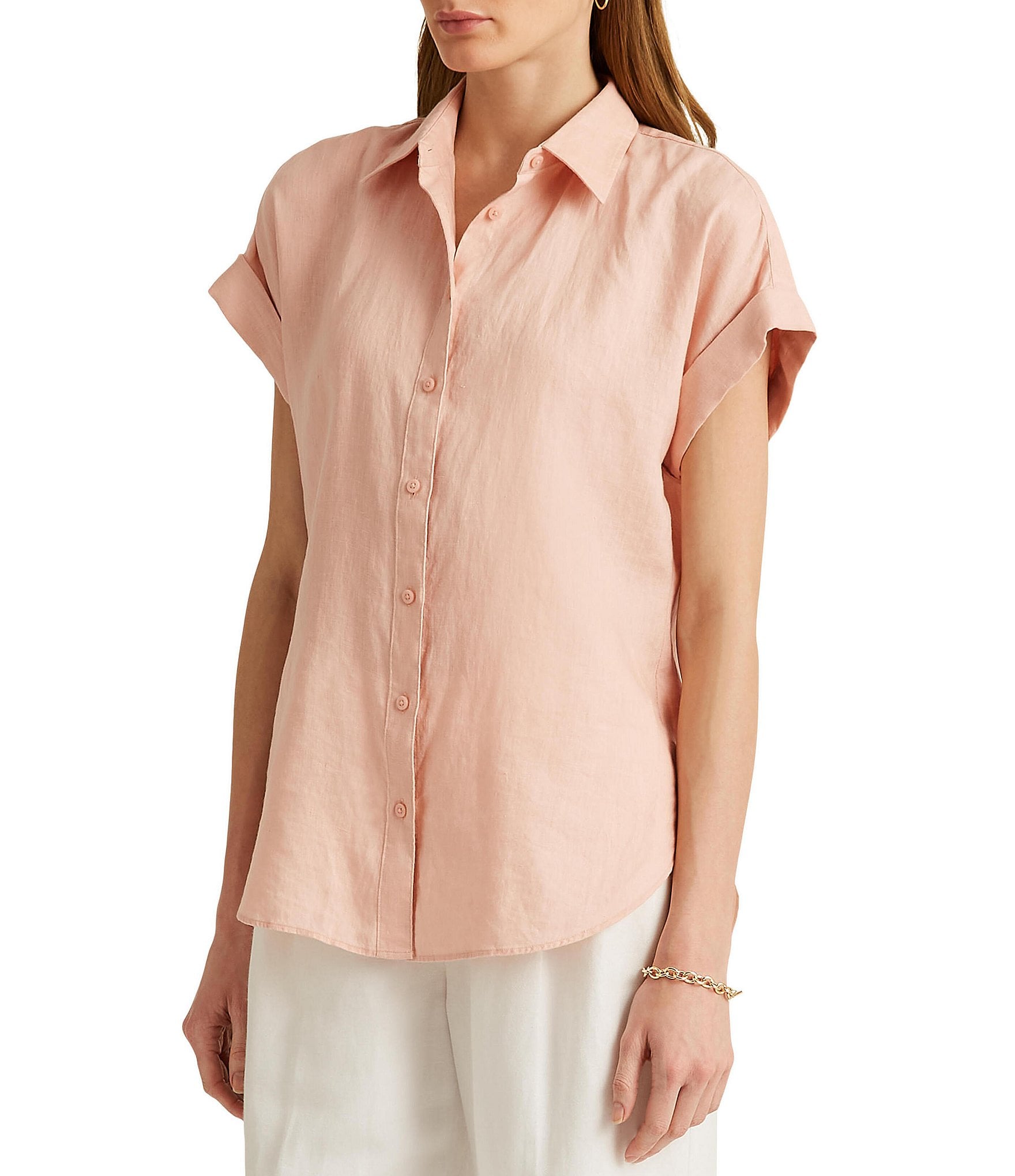 Lauren Ralph Lauren Petite Size Linen Point Collar Short Dolman Sleeve Shirt  | Dillard's