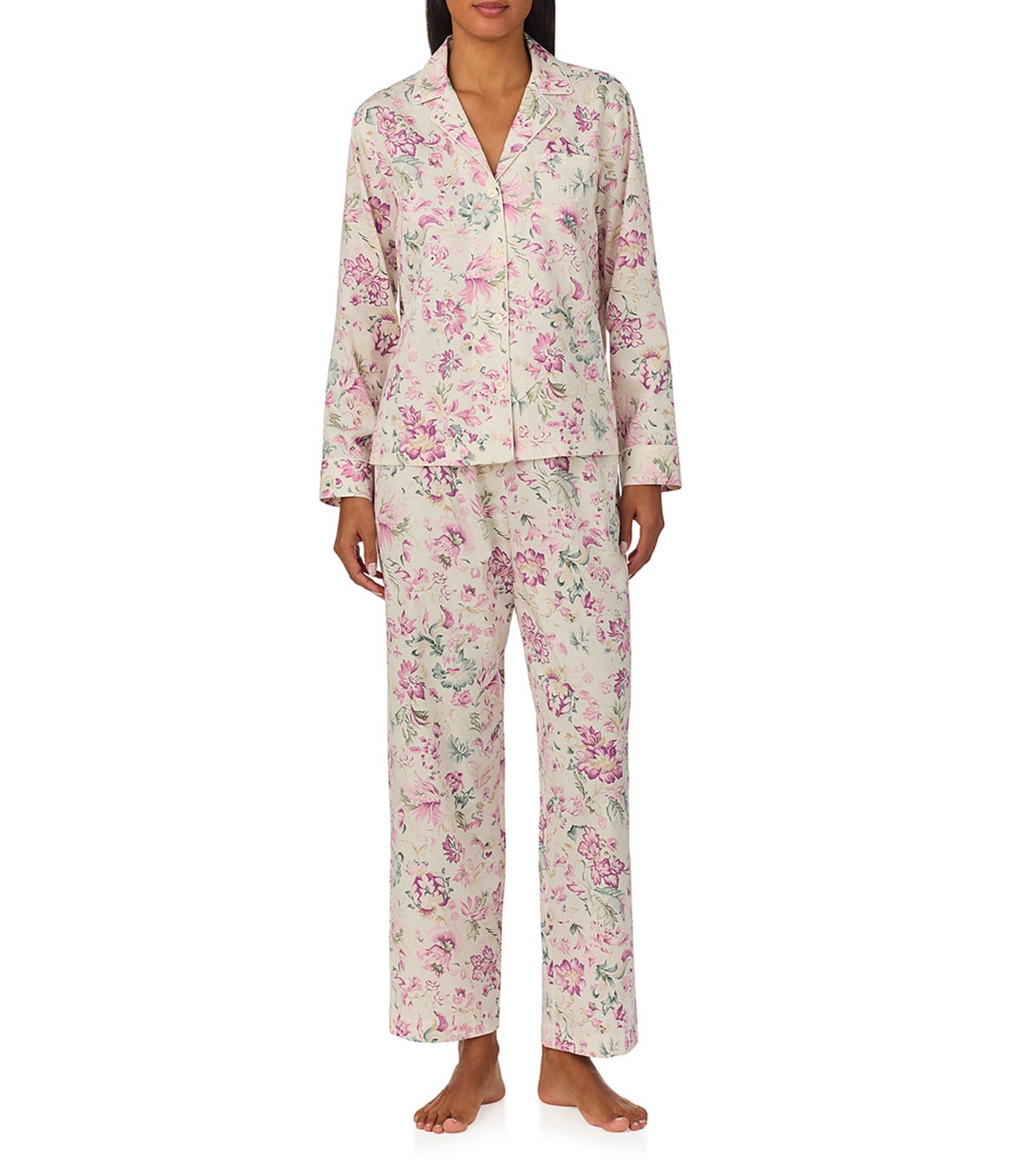 Lauren Ralph Lauren Petite Size Long Sleeve Notch Collar Long Pant Sateen Floral Print Pajama Set