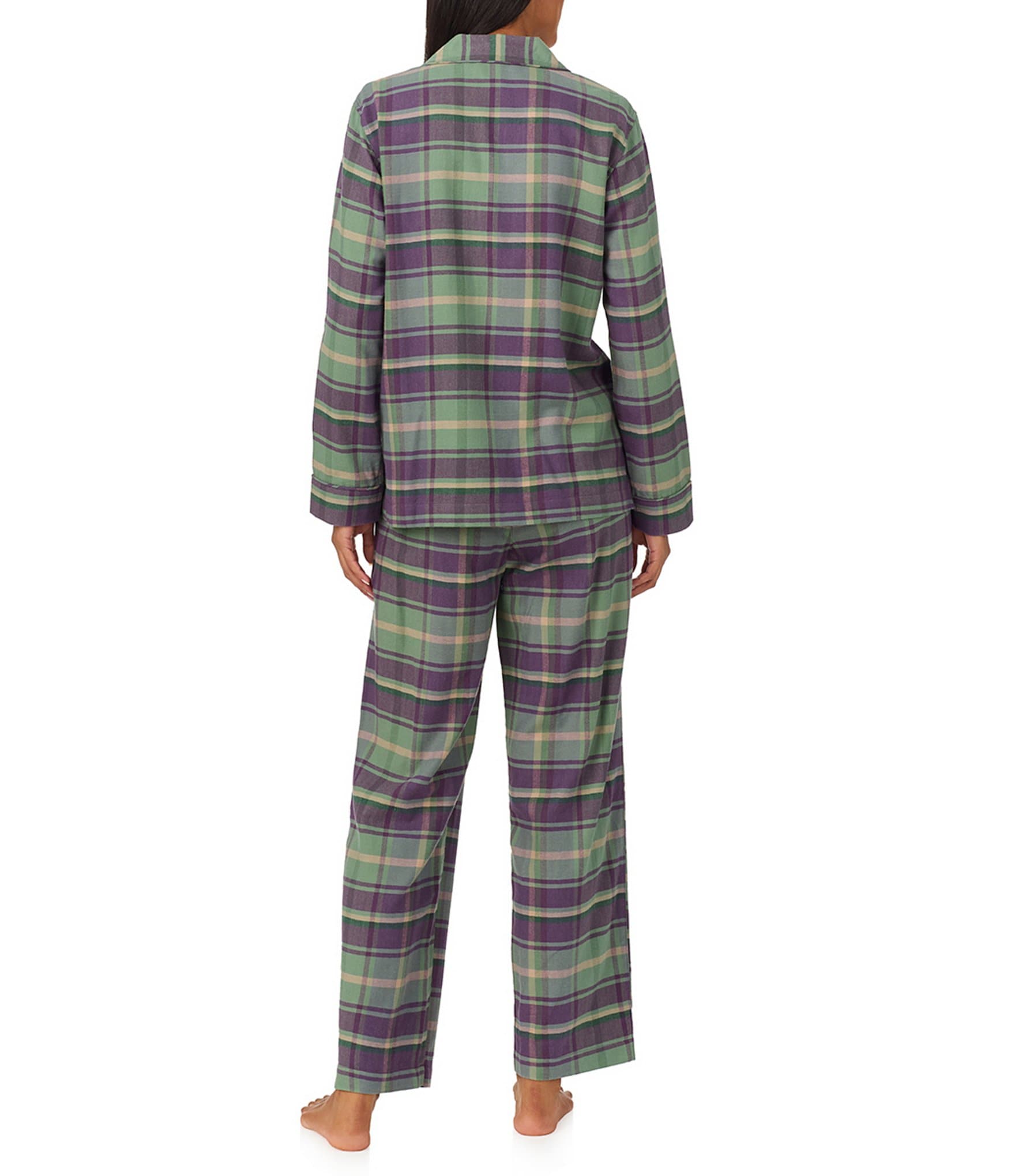 Lauren Ralph Lauren Petite Size Long Sleeve Notch Collar Long Pant Twill Multi Plaid Pajama Set