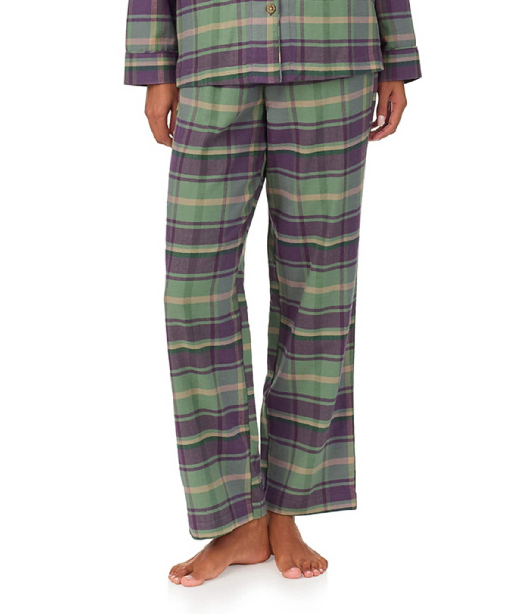 Lauren Ralph Lauren Petite Size Long Sleeve Notch Collar Long Pant Twill Multi Plaid Pajama Set