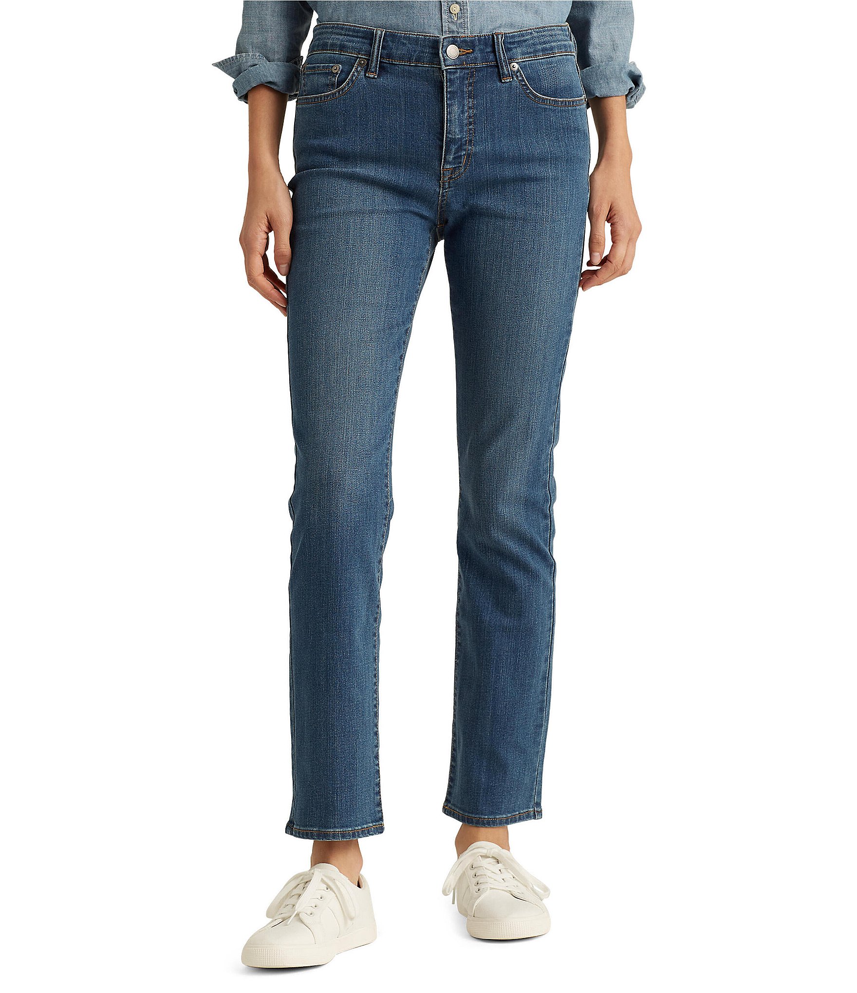 Lauren Ralph Lauren Petite Mid-Rise Straight Jean, Petite & Petite Short Lengths - Ocean Blue Wash Denim - Size 12p