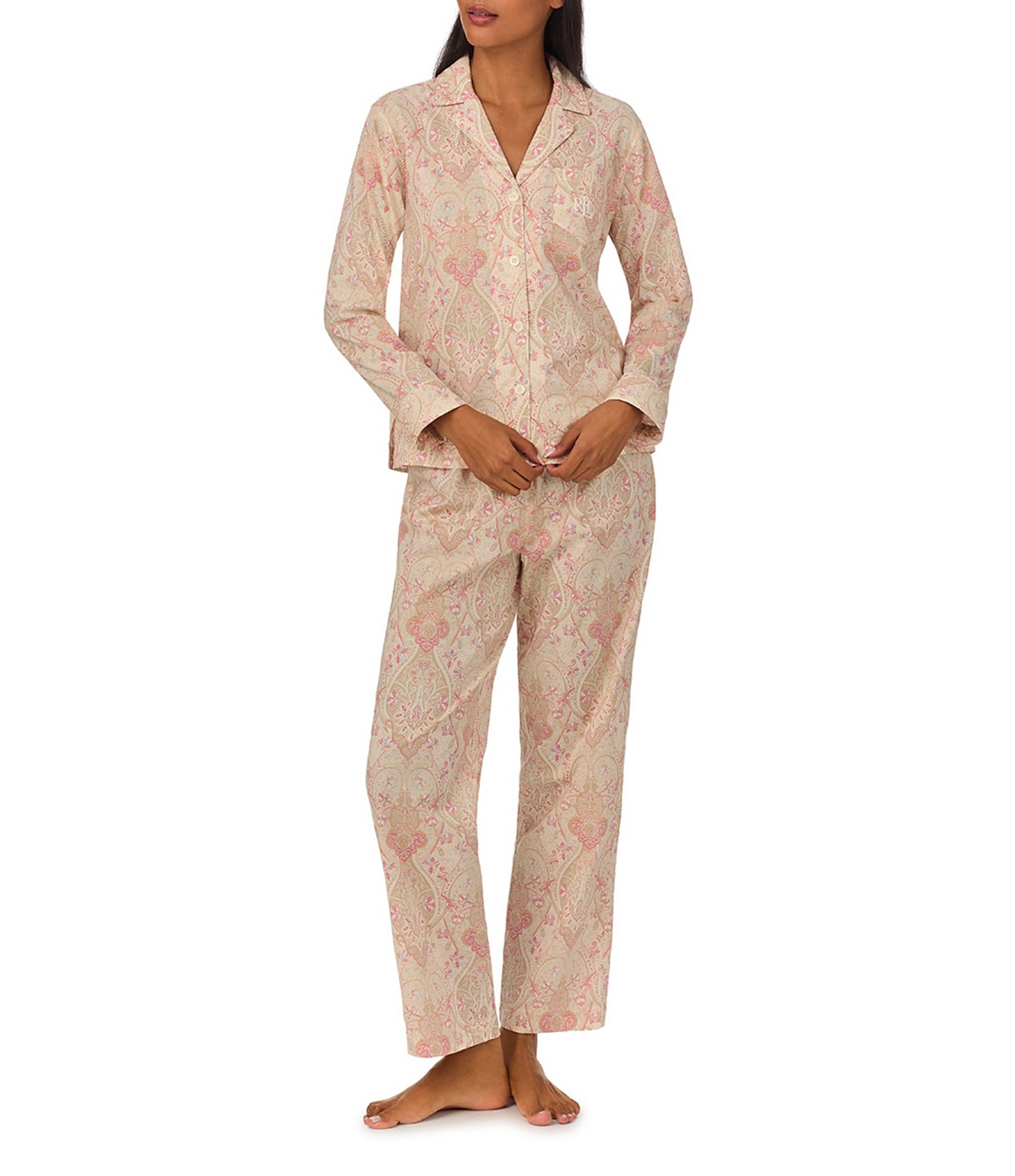 Lauren Ralph Lauren Petite Size Paisley 3/4 Sleeve Notch Collar Pajama Set