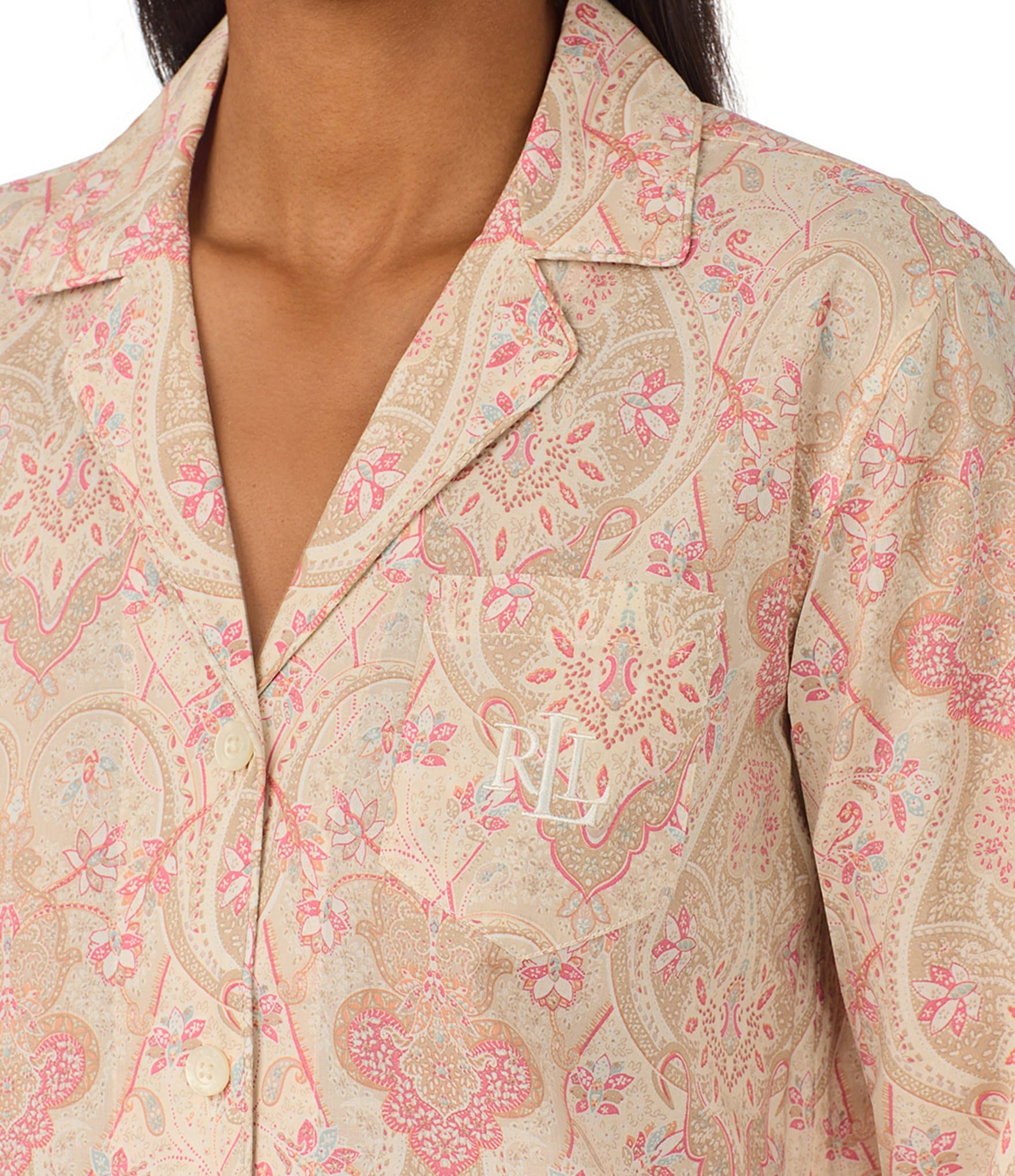 Lauren Ralph Lauren Petite Size Paisley 3/4 Sleeve Notch Collar Pajama Set