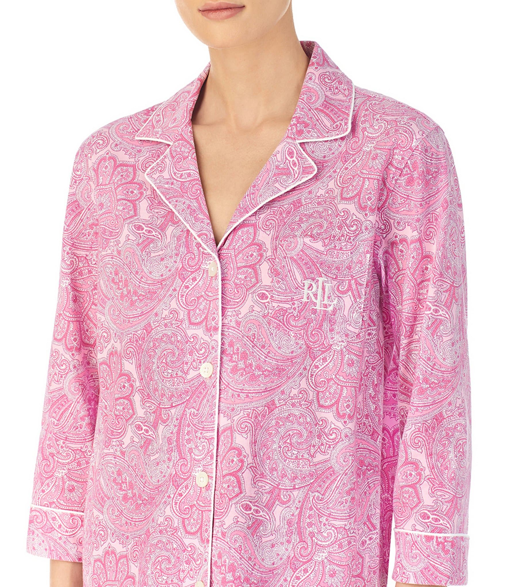 Lauren Ralph Lauren Petite Size Paisley Print Knit Notch Collar 3/4 Sleeve Crop Pajama Set