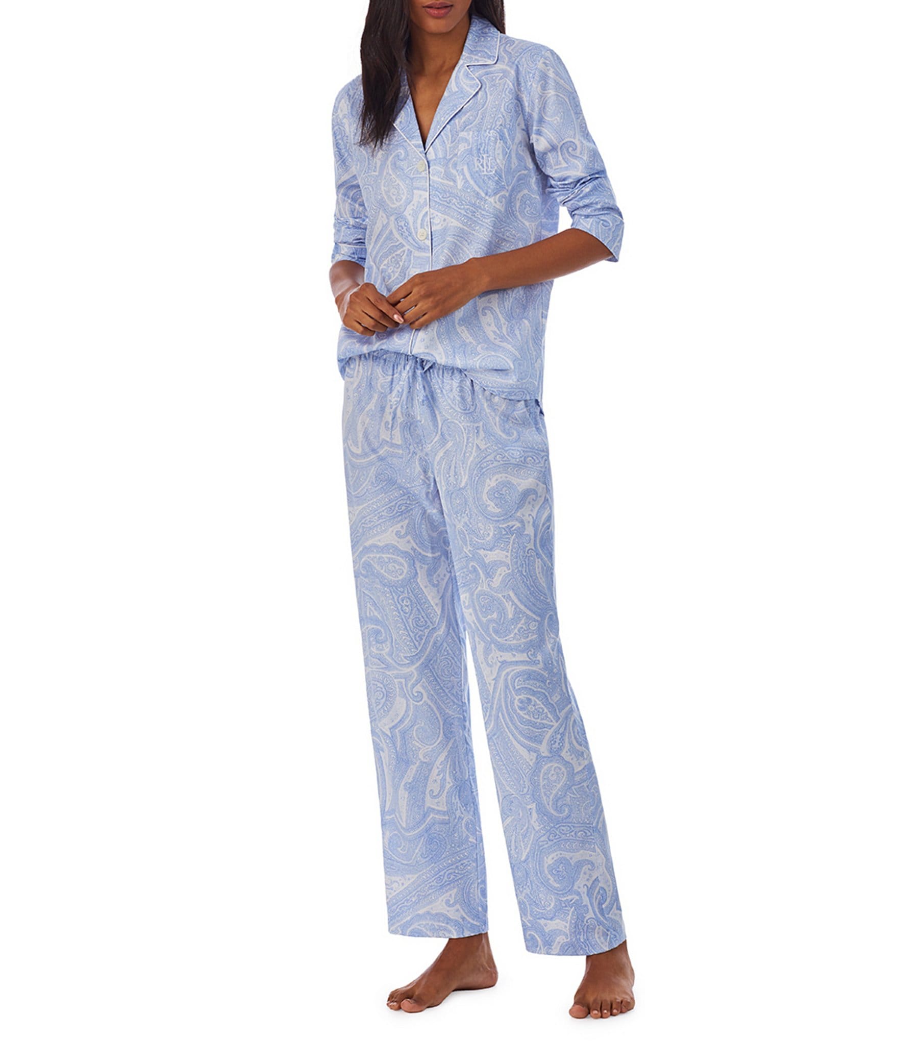 Lauren Ralph Lauren Petite Size Paisley Print Long Sleeve Notch Collar Pajama Set