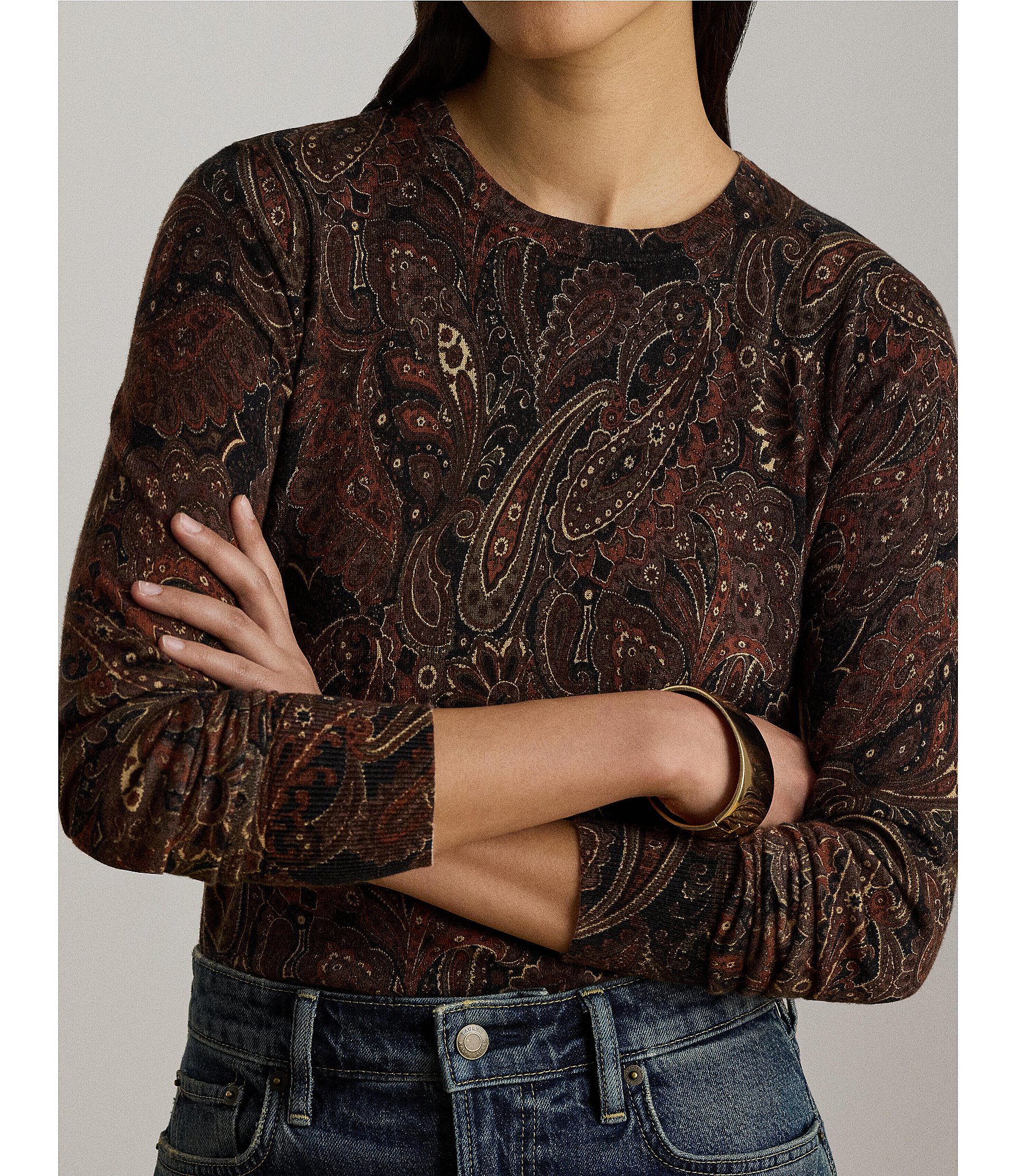 Lauren Ralph Lauren Petite Size Paisley Stretch Jersey Spread Collar Long Sleeve Button Front Placket Shirt