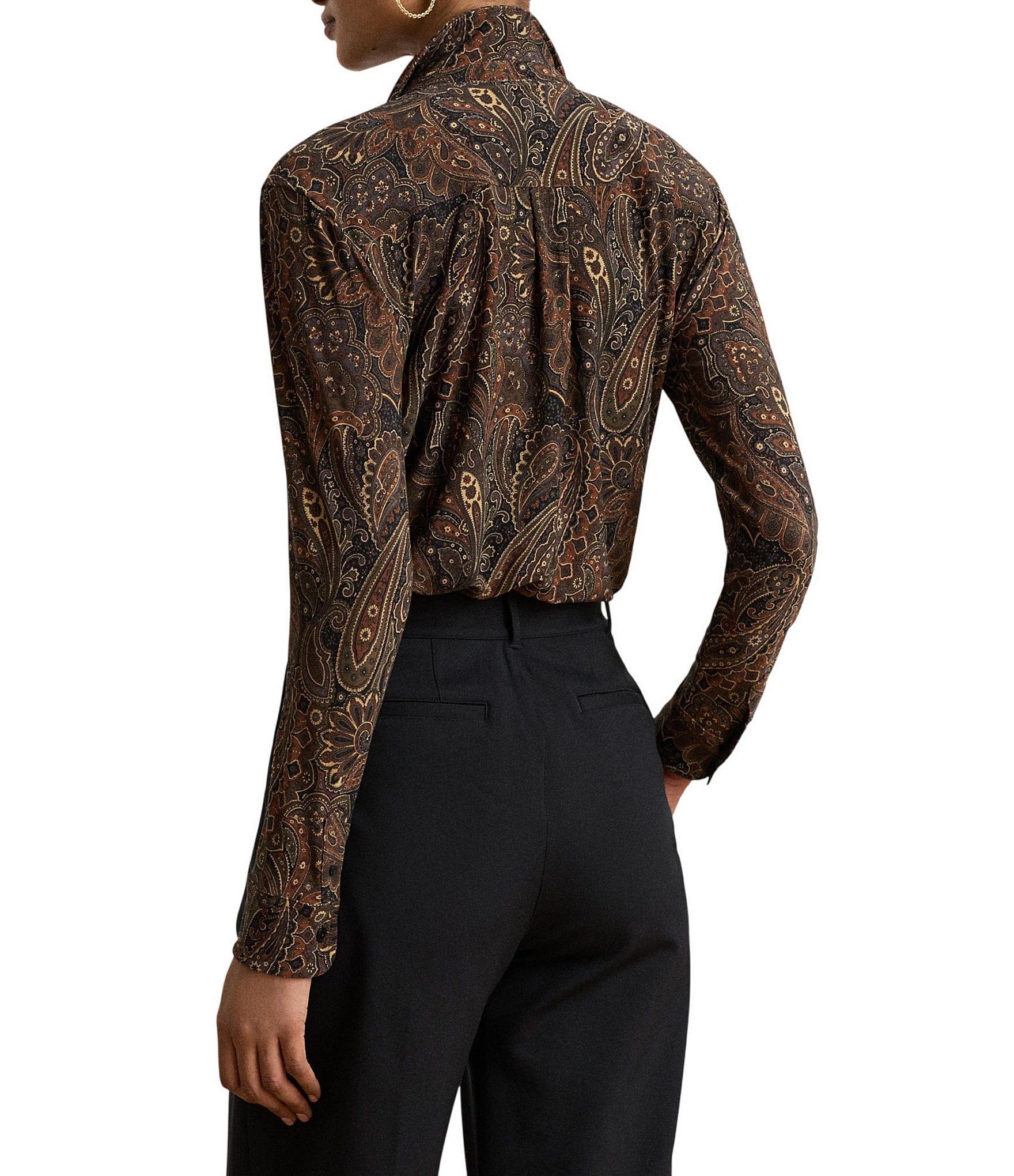 Lauren Ralph Lauren Petite Size Paisley Stretch Jersey Spread Collar Long Sleeve Button Front Placket Shirt