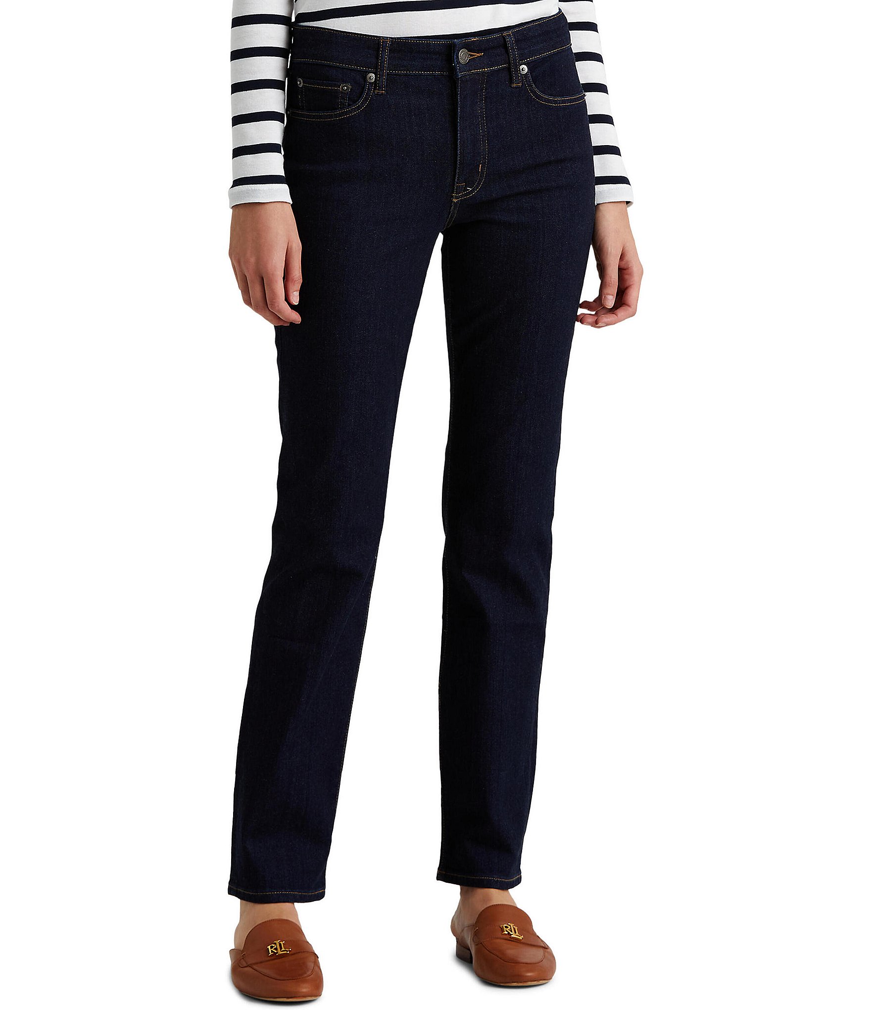Lauren Ralph Lauren Women's Petite Mid Rise Straight Jeans, 6P, Cotton