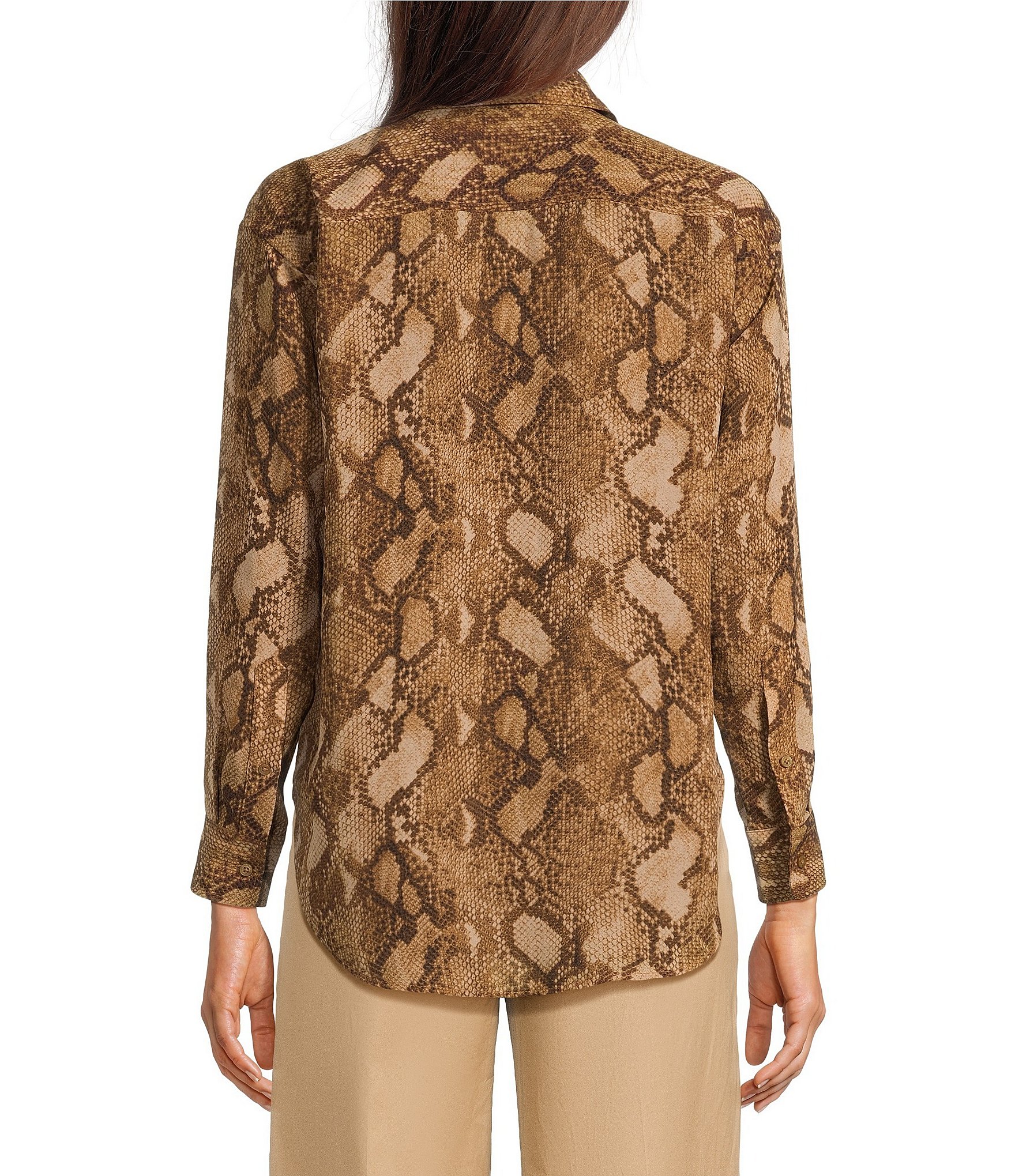 Lauren Ralph Lauren Petite Size Python-Print Georgette Point Collar Long Sleeve Button Front Shirt
