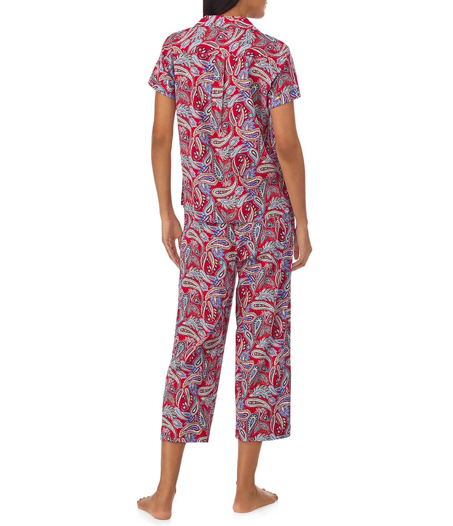 Lauren Ralph Lauren Petite Size Short Sleeve Notch Collar Woven Paisley Cropped Pant Pajama Set