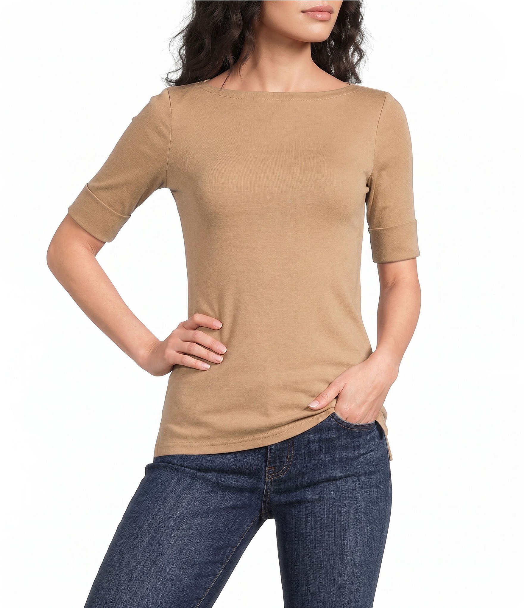 Lauren Ralph Lauren Petite Size Stretch Cotton Boat Neck Elbow Length Sleeve Tee