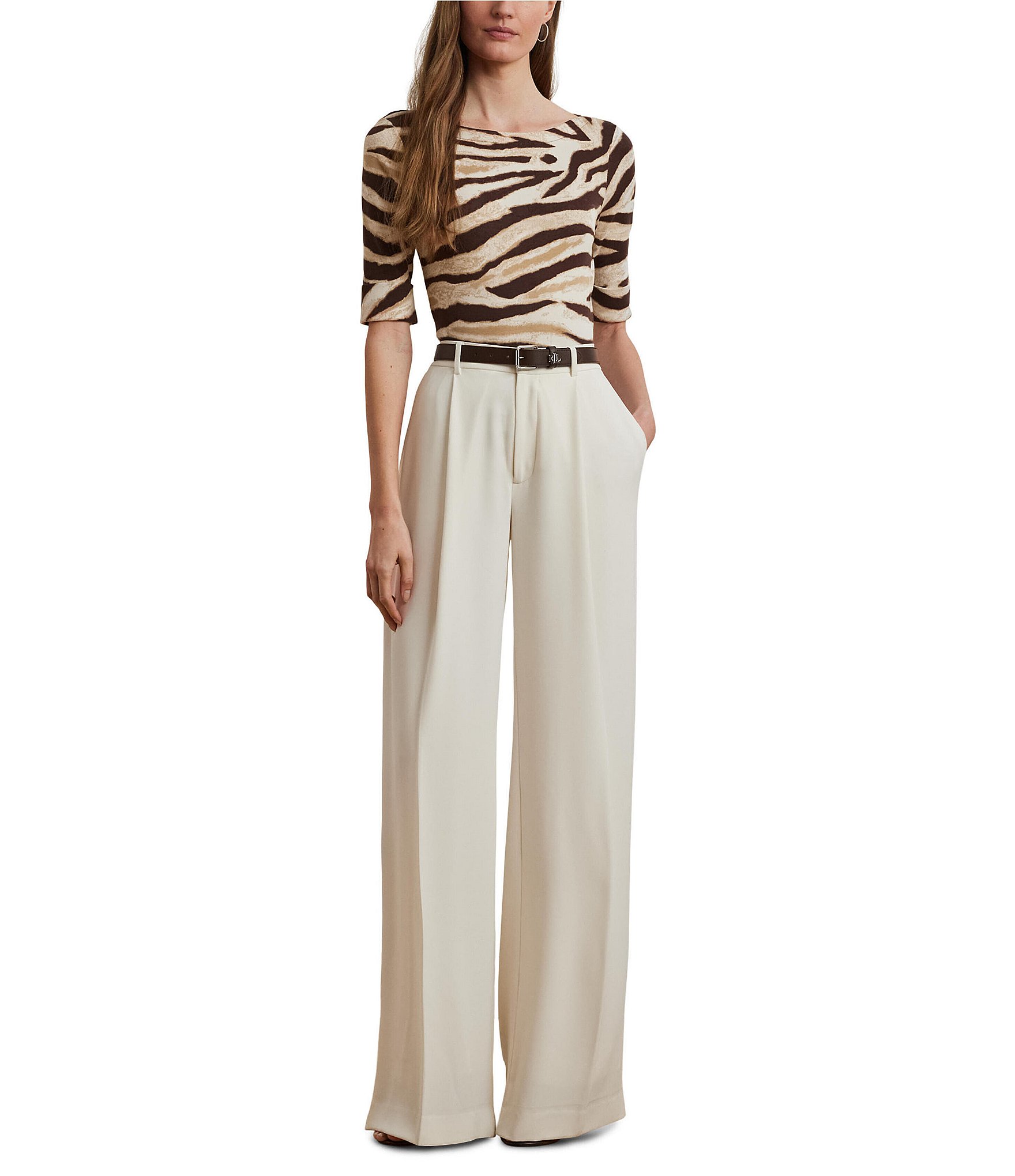 Lauren Ralph Lauren Petite Size Stretch Cotton Zebra Boat Neck Elbow Sleeve Tee