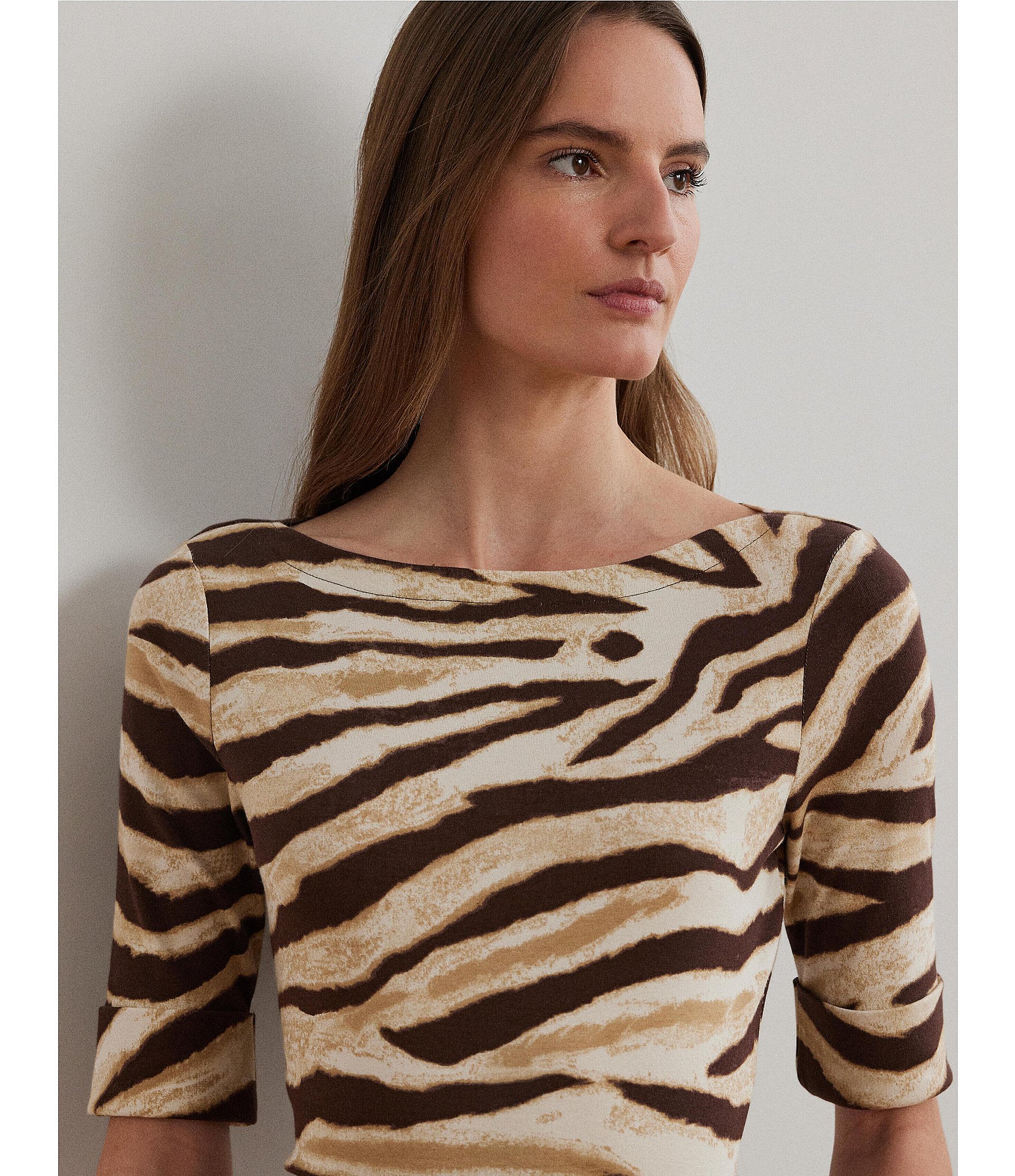 Lauren Ralph Lauren Petite Size Stretch Cotton Zebra Boat Neck Elbow Sleeve Tee