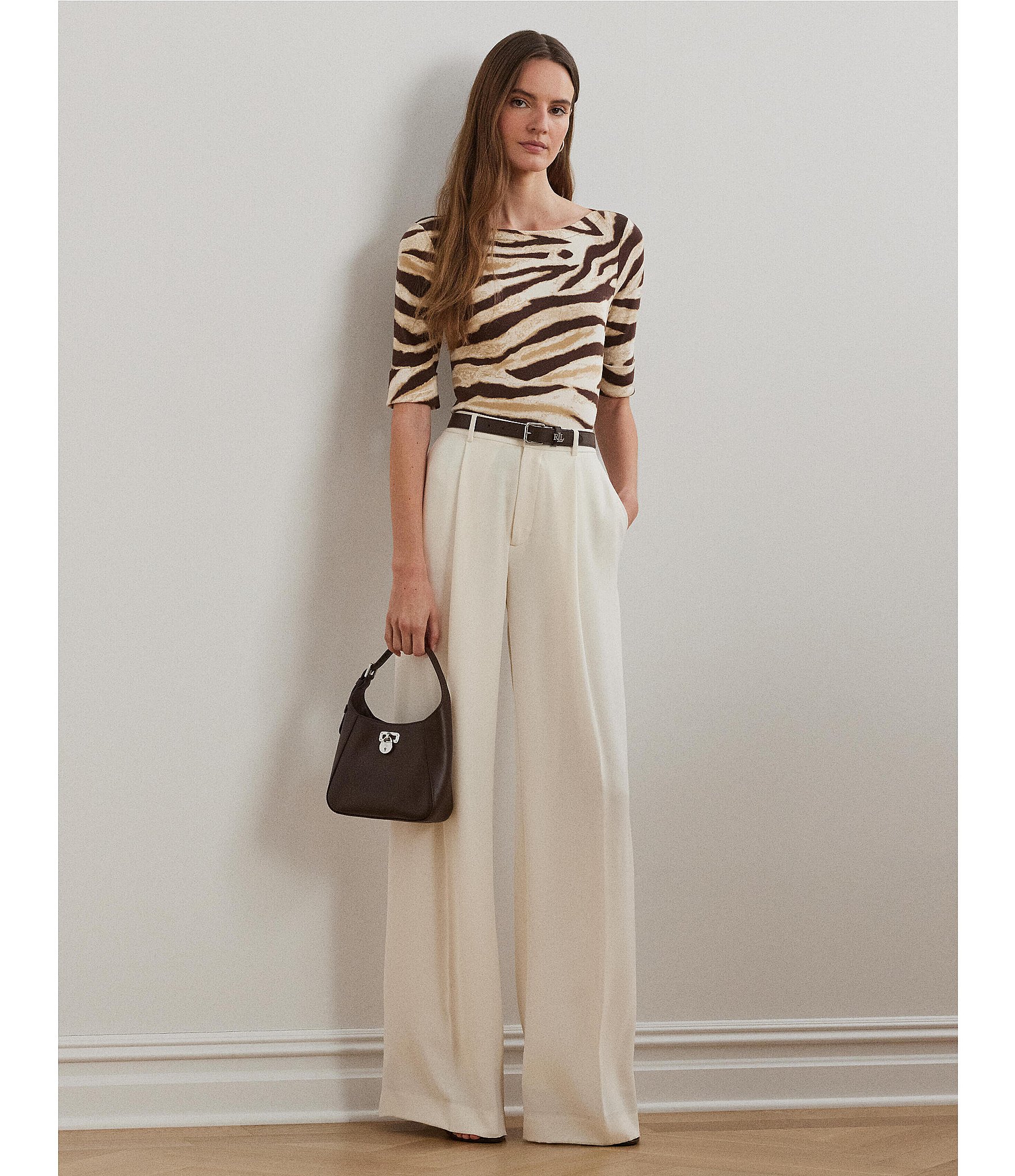 Lauren Ralph Lauren Petite Size Stretch Cotton Zebra Boat Neck Elbow Sleeve Tee
