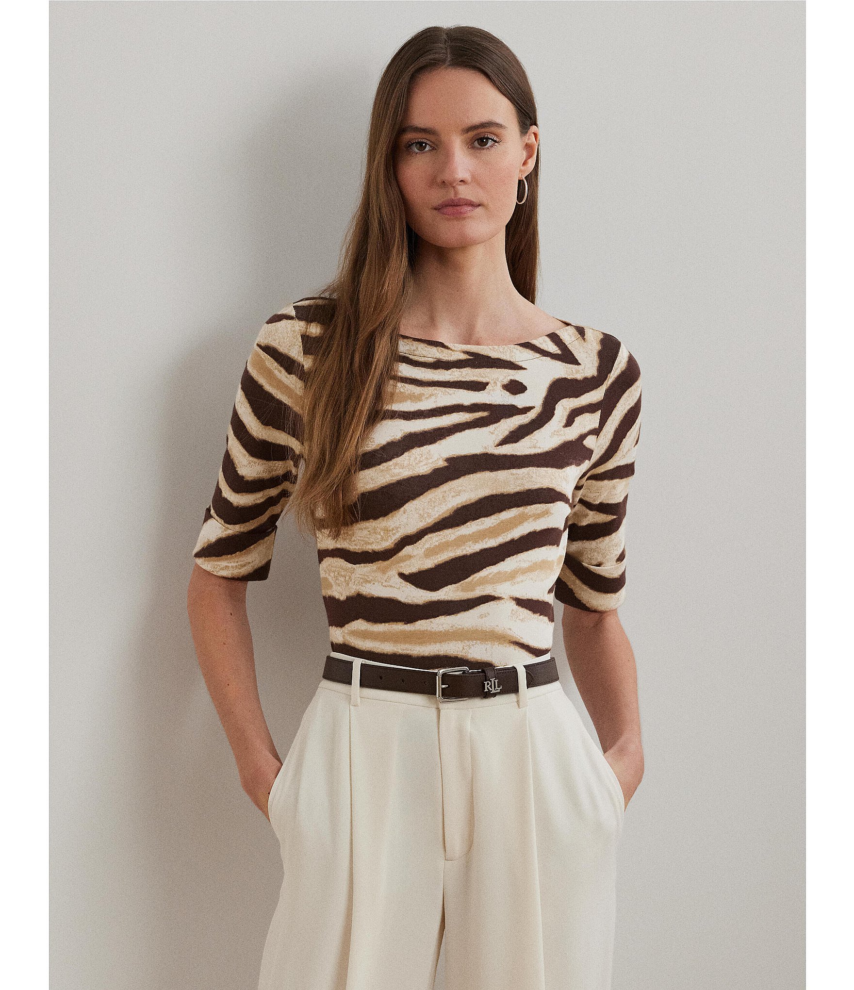 Lauren Ralph Lauren Petite Size Stretch Cotton Zebra Boat Neck Elbow Sleeve Tee