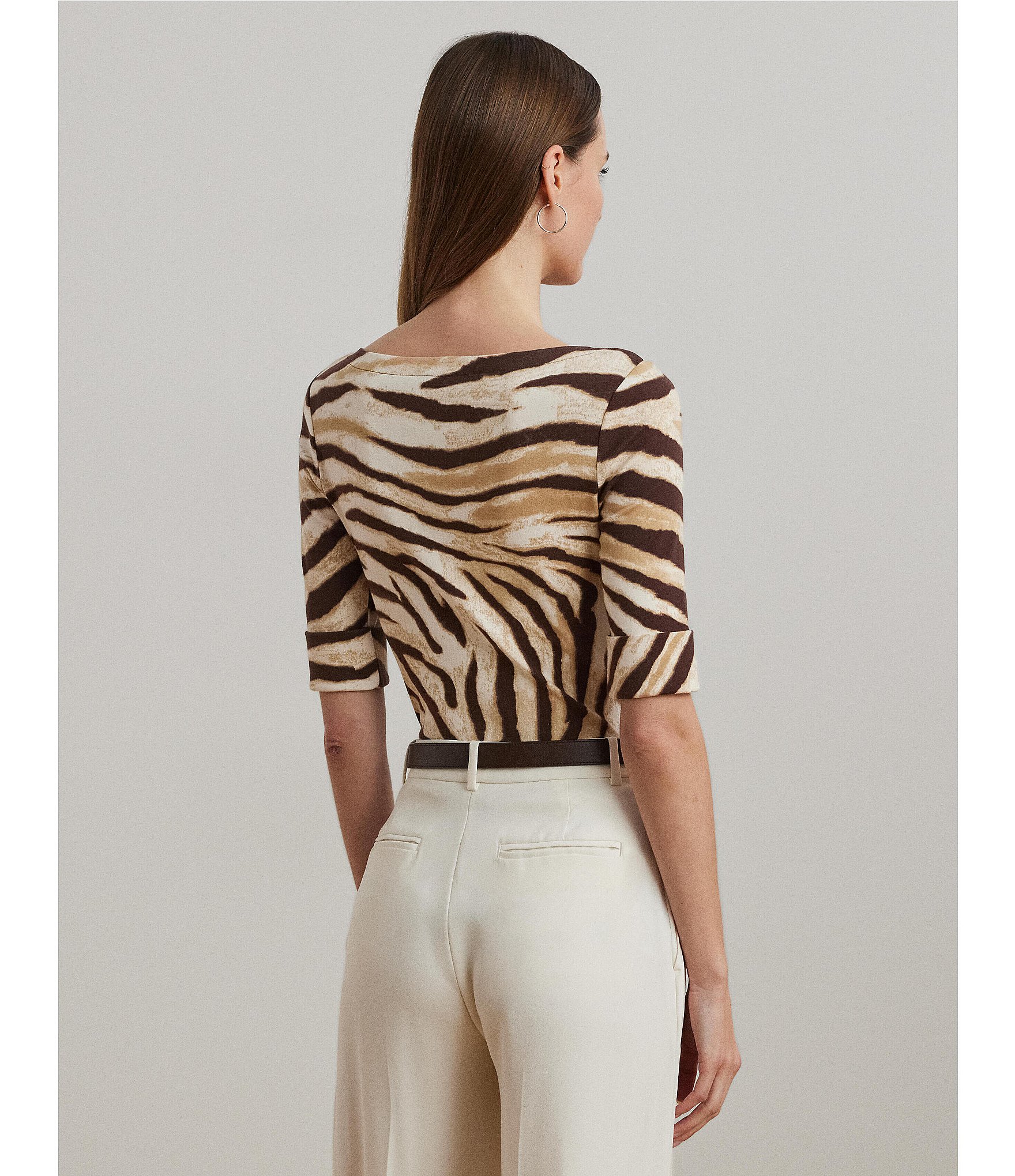 Lauren Ralph Lauren Petite Size Stretch Cotton Zebra Boat Neck Elbow Sleeve Tee