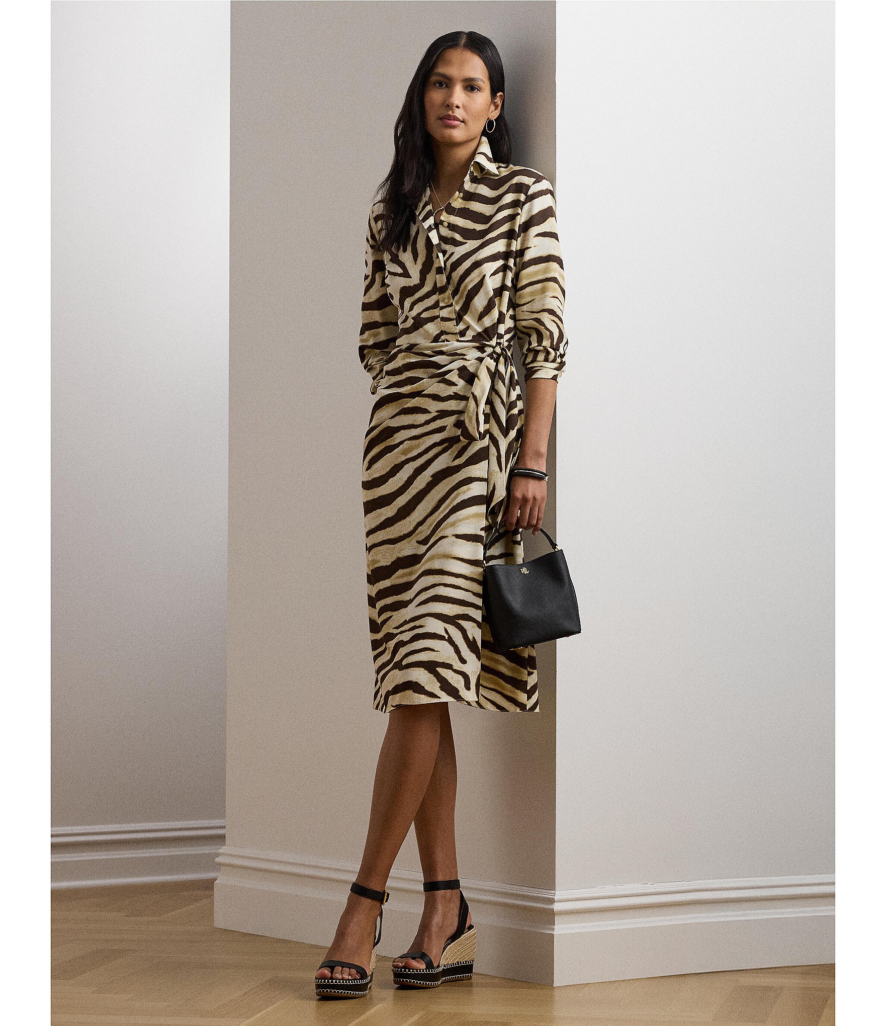 Lauren Ralph Lauren Petite Size Zebra Crepe De Chine Point Collar Tie Front Faux Wrap Dress
