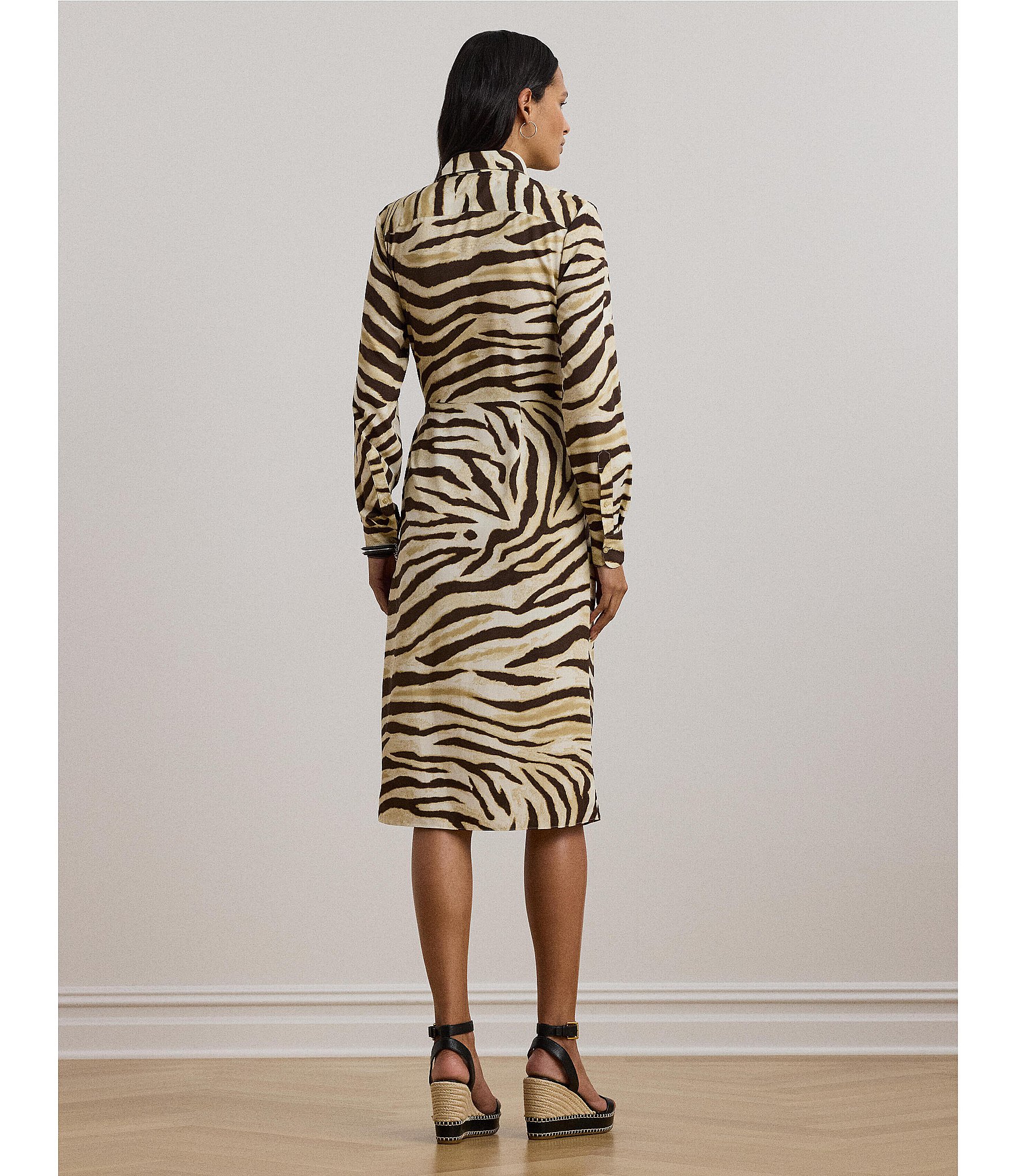 Lauren Ralph Lauren Petite Size Zebra Crepe De Chine Point Collar Tie Front Faux Wrap Dress