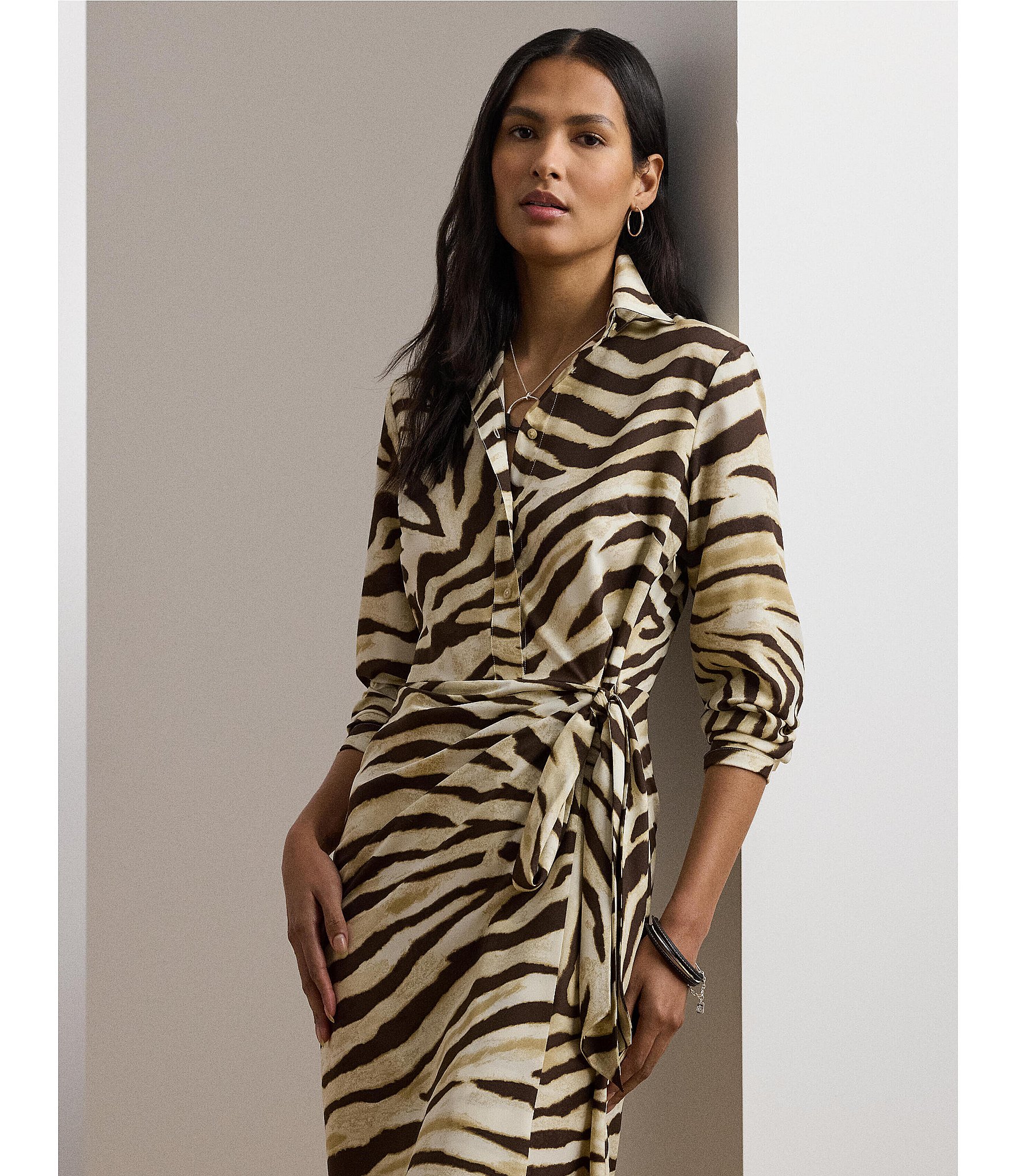Lauren Ralph Lauren Petite Size Zebra Crepe De Chine Point Collar Tie Front Faux Wrap Dress