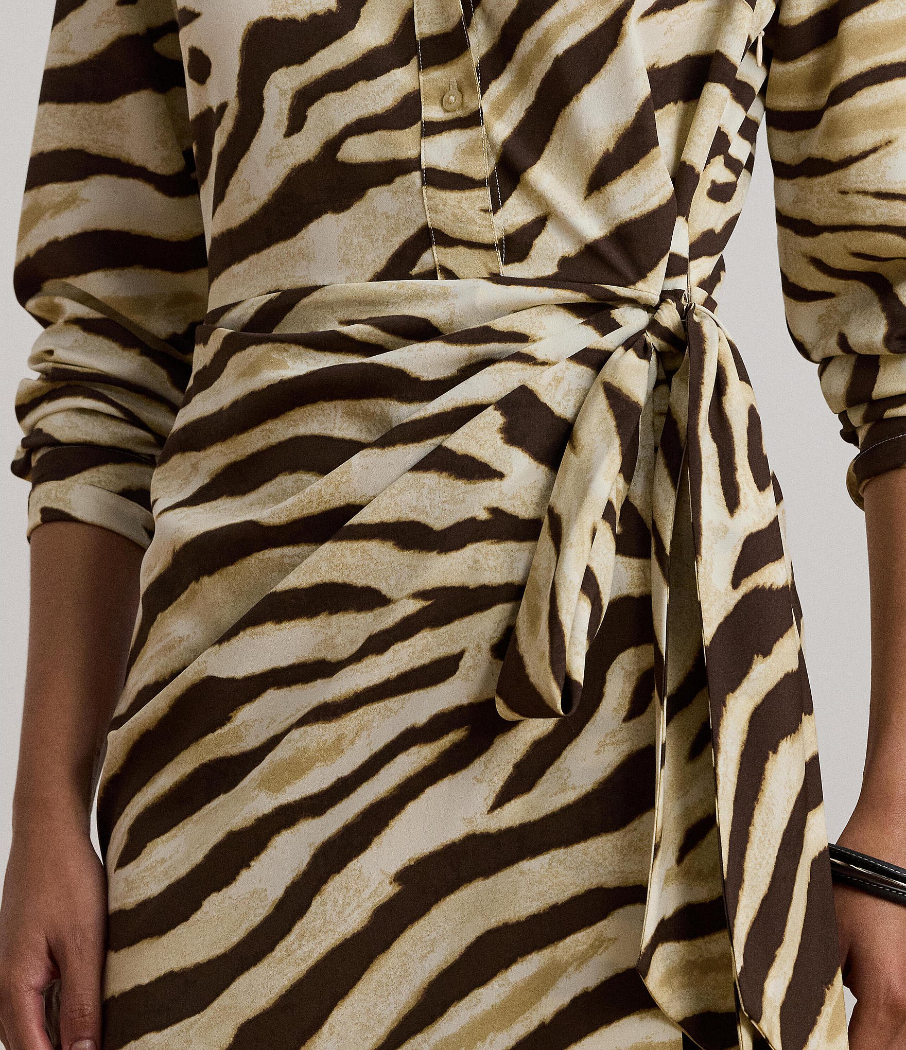 Lauren Ralph Lauren Petite Size Zebra Crepe De Chine Point Collar Tie Front Faux Wrap Dress