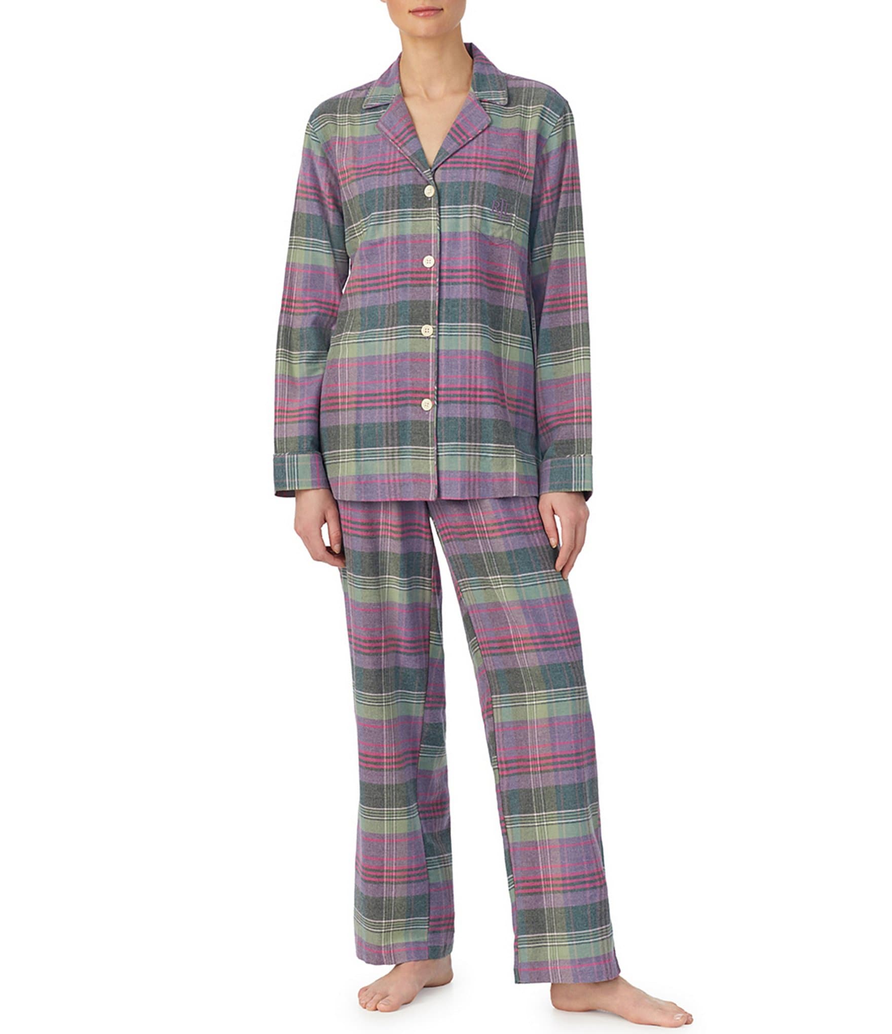 Lauren Ralph Lauren Plaid Long Sleeve Notch Collar Long Pant Brushed Twill Pajama  Set