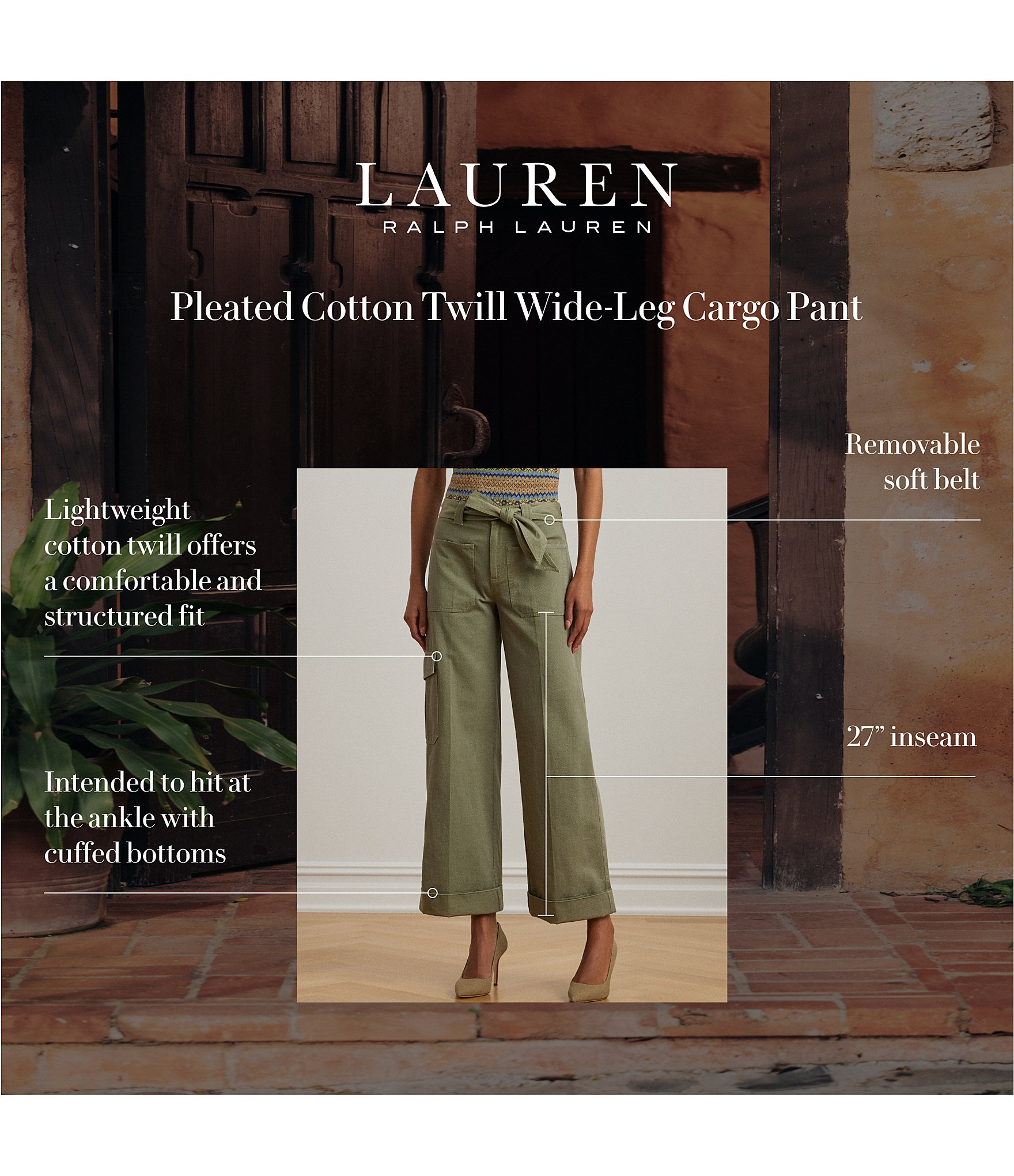 Lauren Ralph Lauren Pleated Cotton Twill Wide Leg Cargo Pants