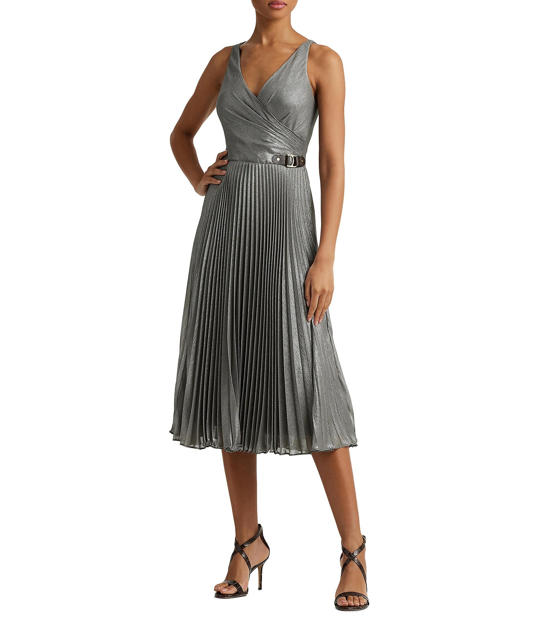 Lauren Ralph Lauren Pleated Metallic Chiffon Cocktail Dress