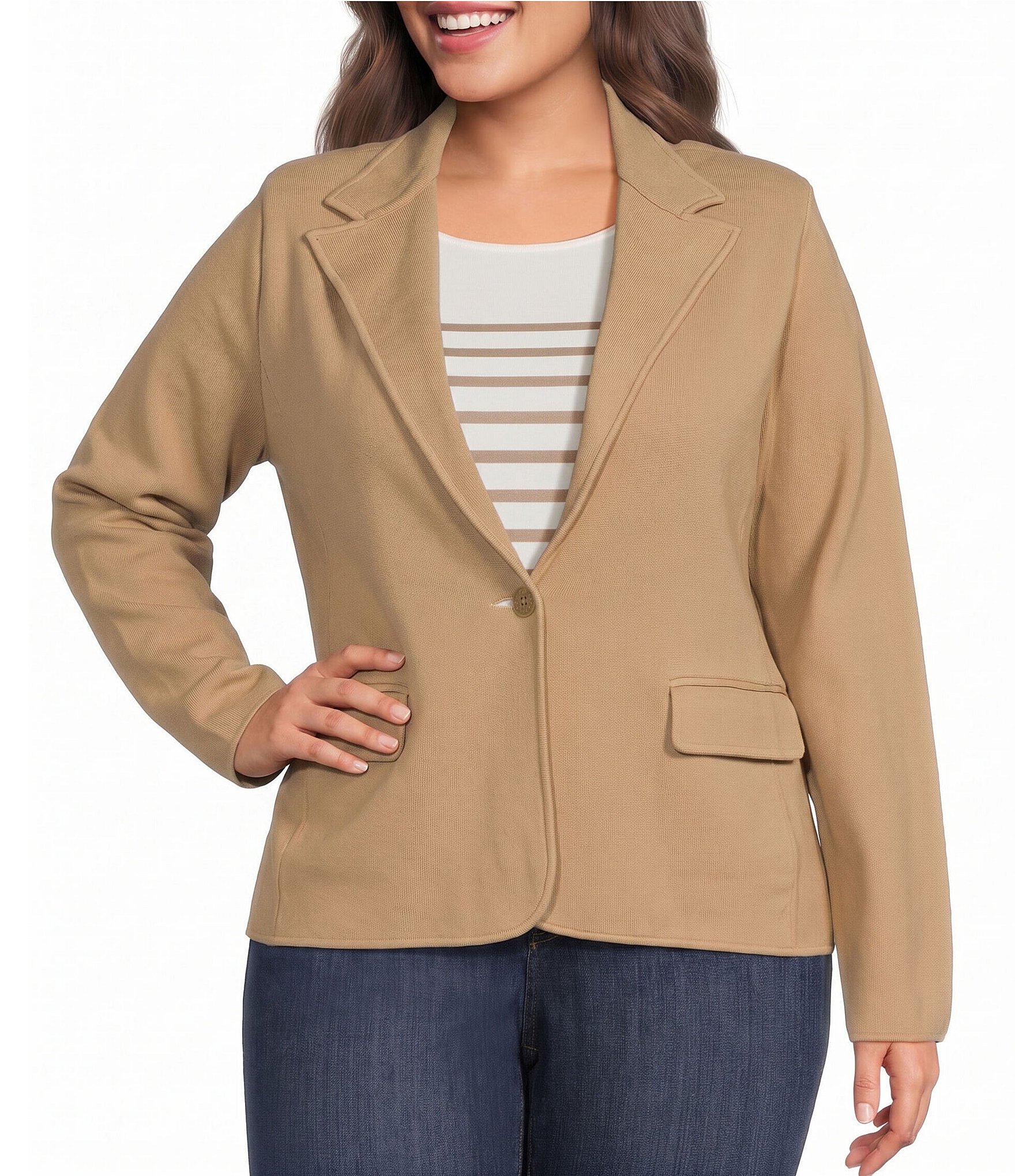 Lauren Ralph Lauren Plus Cotton Blend Notch Lapel Long Sleeve Blazer