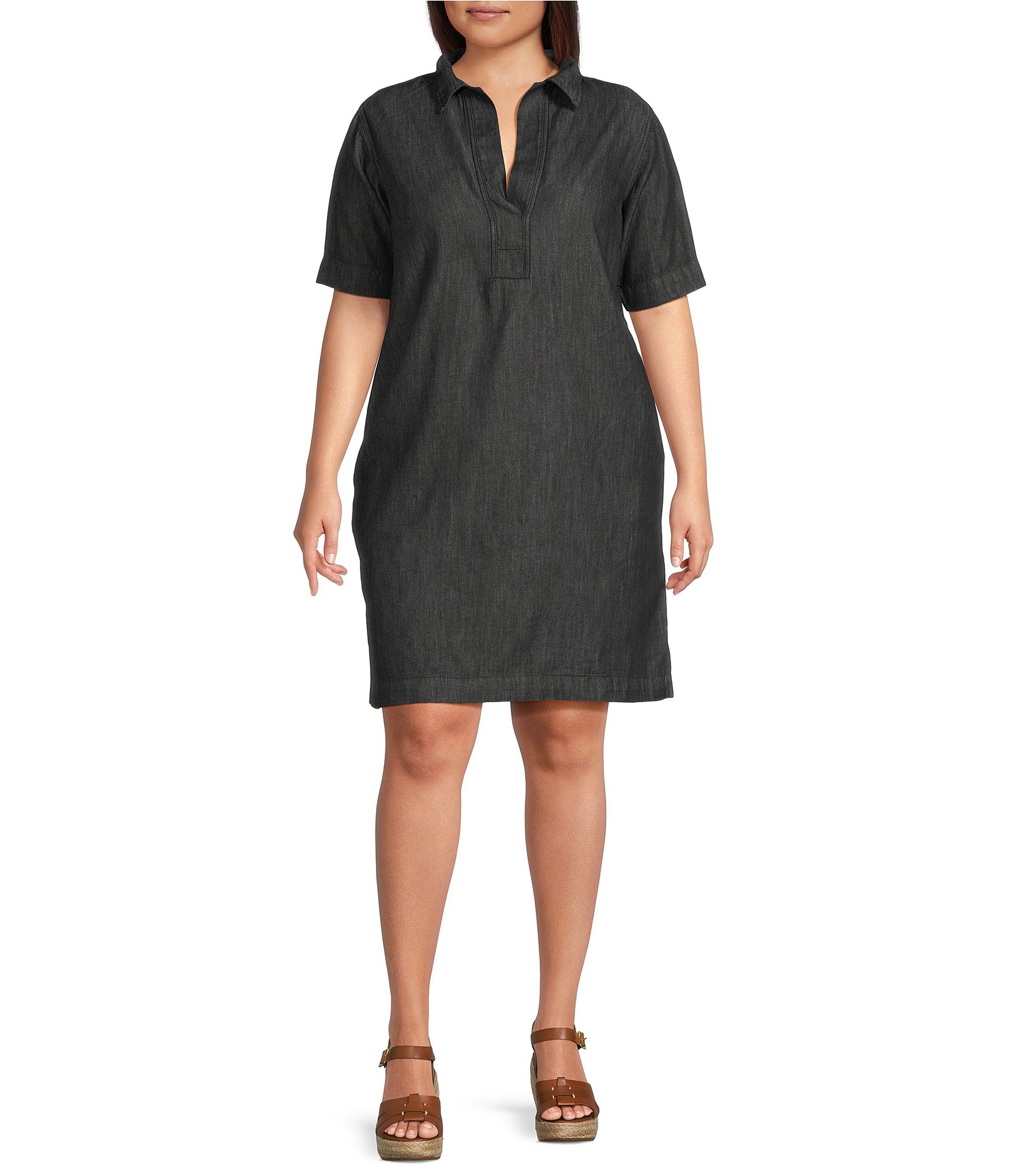 Lauren Ralph Lauren Plus Size Split Point Collar Short Sleeve Denim Shift Dress