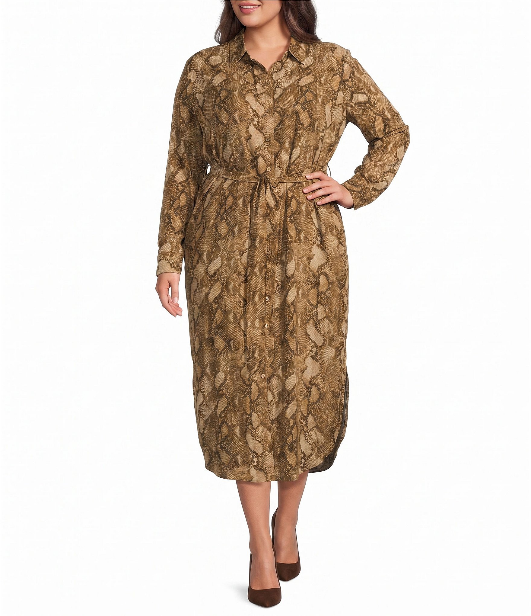 Lauren Ralph Lauren Plus Georgette Print Point Collar Long Sleeve Shirt Dress