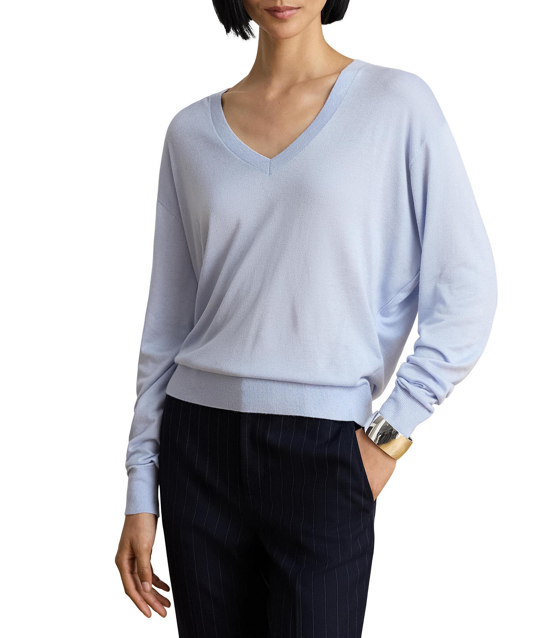 Lauren Ralph Lauren Plus Size Modal Silk Blend V-Neck Long Sleeve Sweater Top