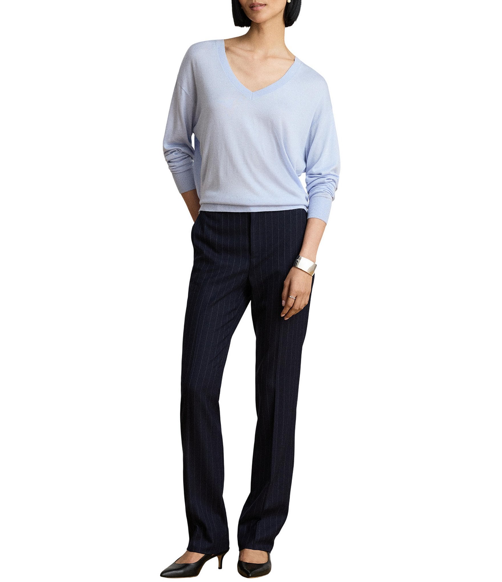 Lauren Ralph Lauren Plus Size Modal Silk Blend V-Neck Long Sleeve Sweater Top