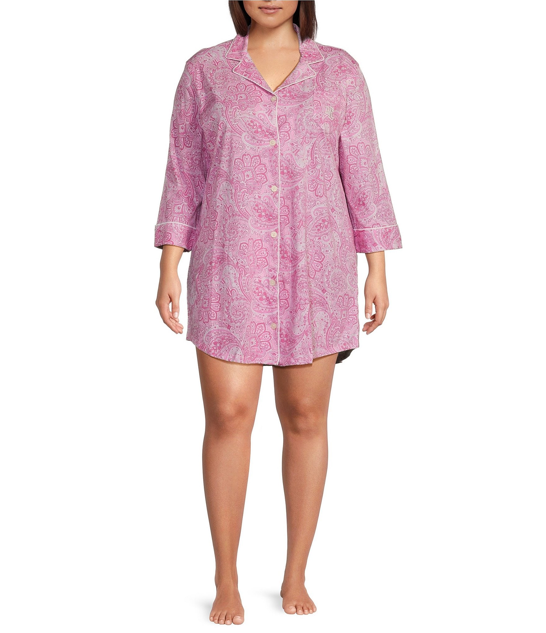 Lauren Ralph Lauren Plus Size 3/4 Sleeve Notch Collar Button-Front Paisley Print Nightshirt