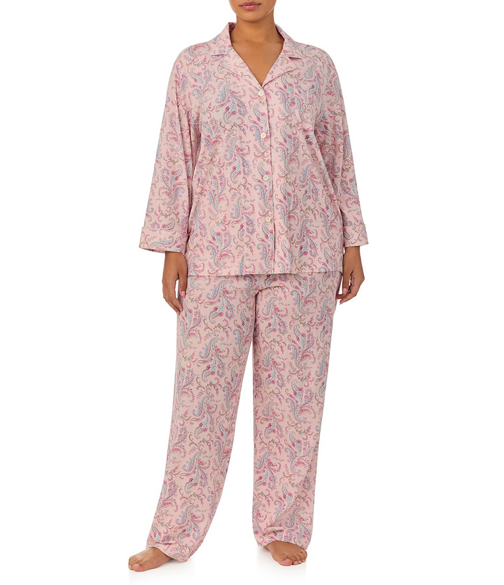 Lauren Ralph Lauren Plus Size 3/4 Sleeve Notch Collar Jersey Knit Paisley Pajama Set