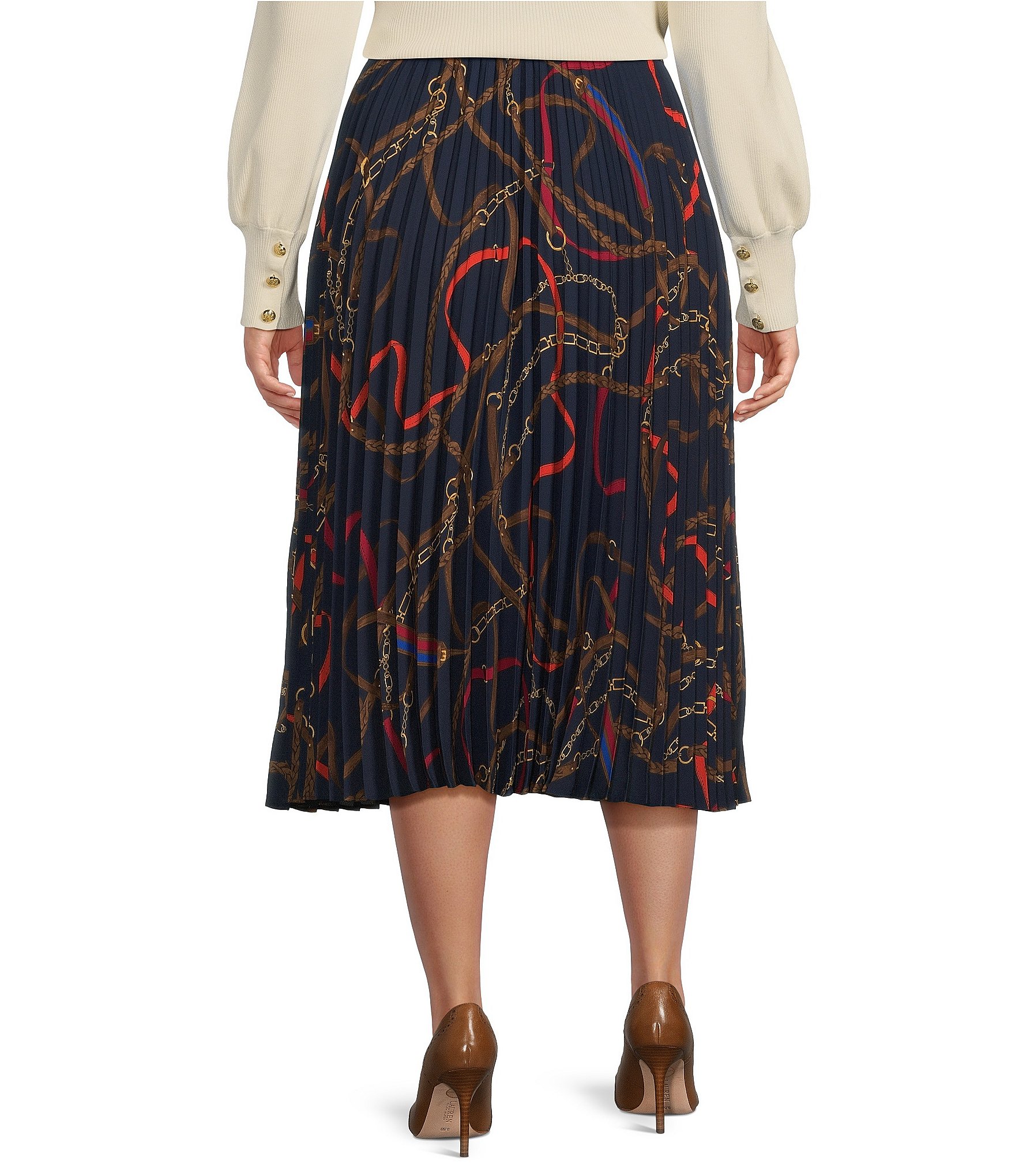 Lauren Ralph Lauren Plus Size Belting Print Pleated A-Line Georgette Skirt