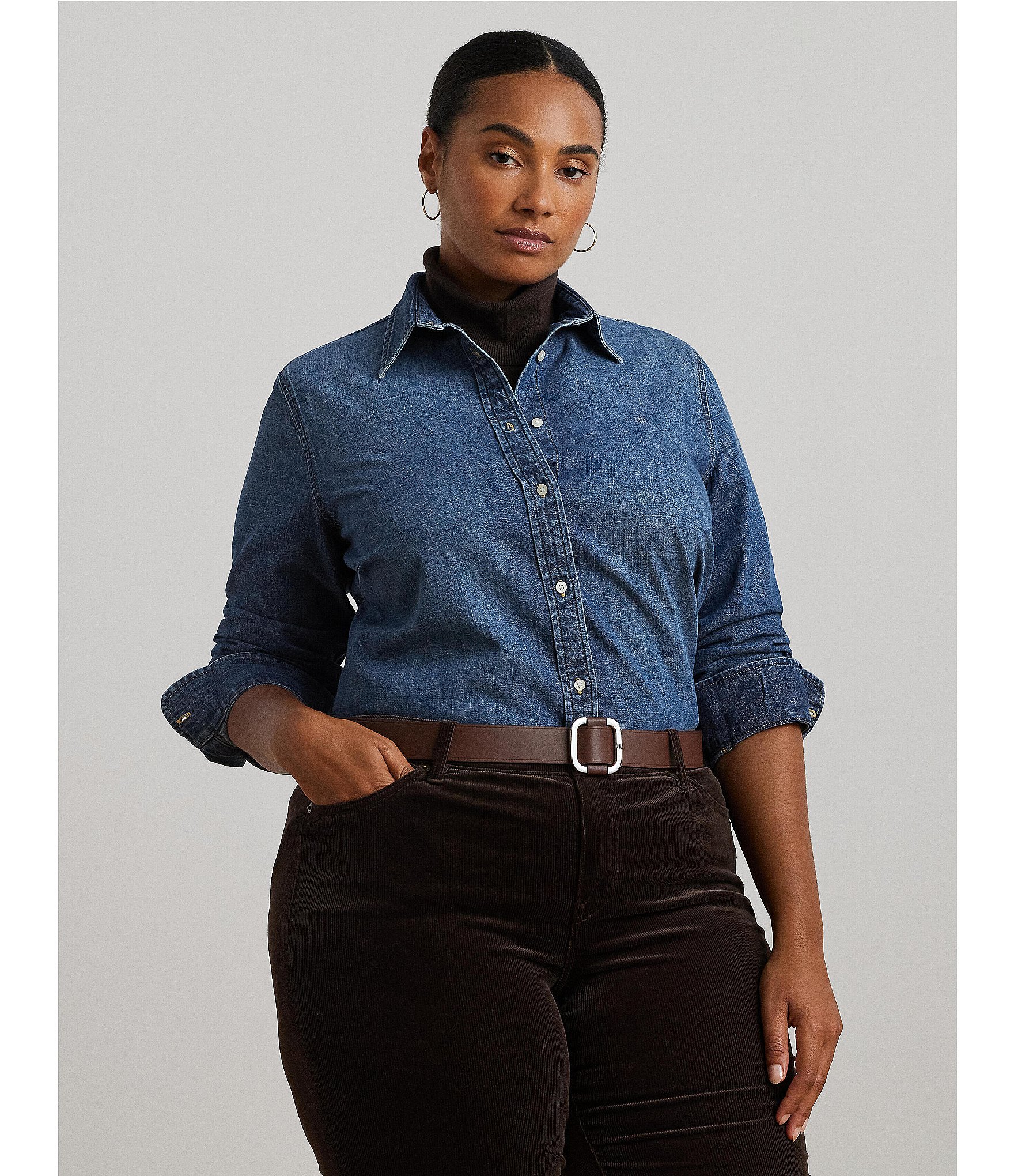 Lauren Ralph Lauren Plus Size Classic Fit Denim Point Collar Long Sleeve Button Front Shirt