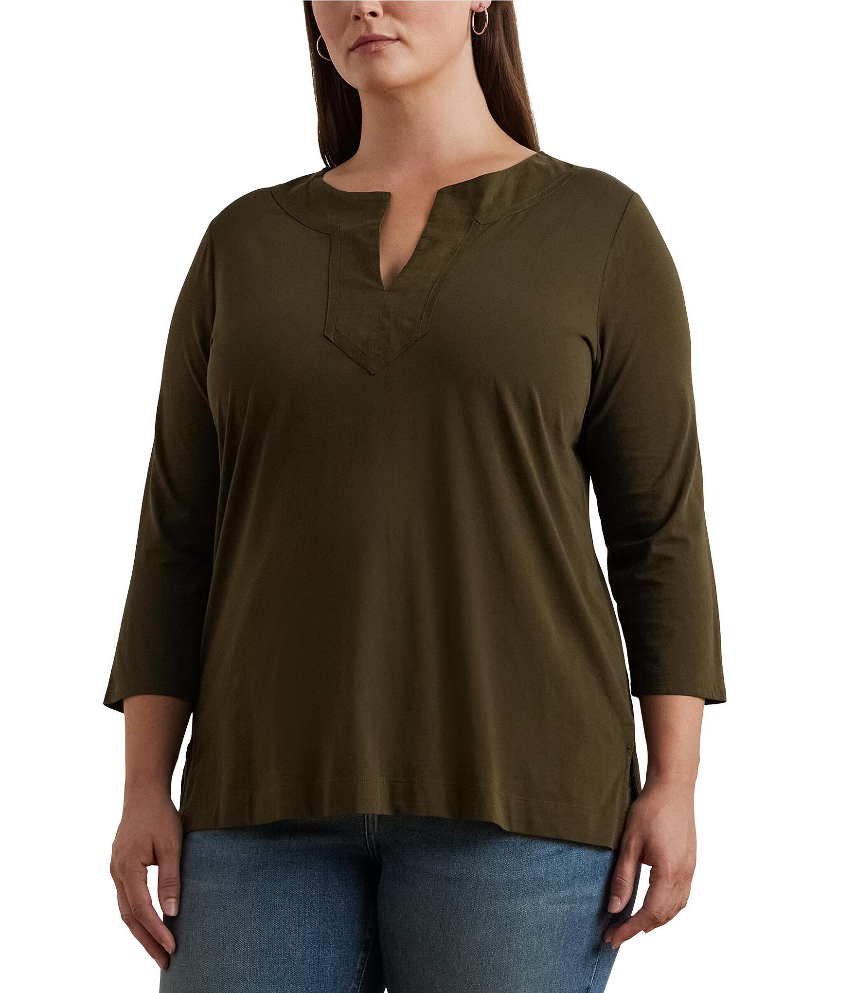 Lauren Ralph Lauren Plus Size Cotton Jersey Knit Split V Lauren Ralph Lauren Plus Size Cotton Jersey Knit Split V