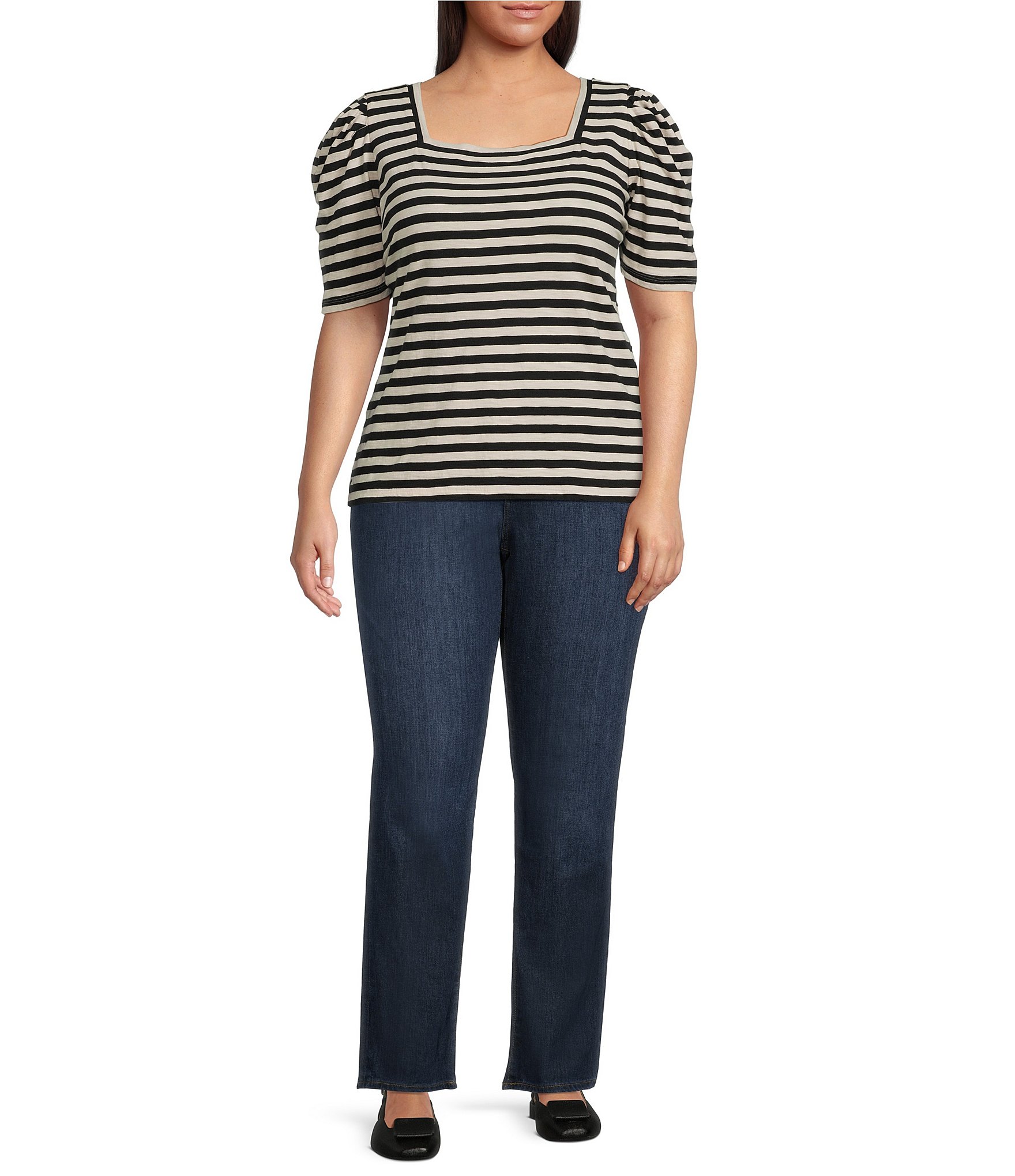 Lauren Ralph Lauren Plus Size Cotton Jersey Striped Square Neck Puff Sleeve Tee