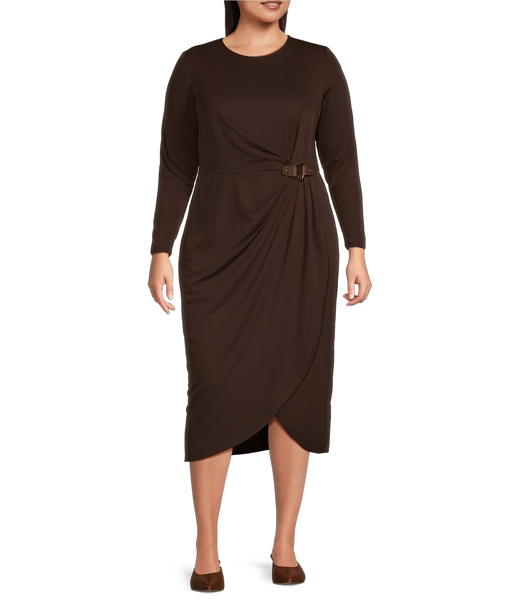 Lauren Ralph Lauren Plus Size Crew Neck Long Sleeve Pleated Waist With Buckle Faux Wrap Dress Dillard s