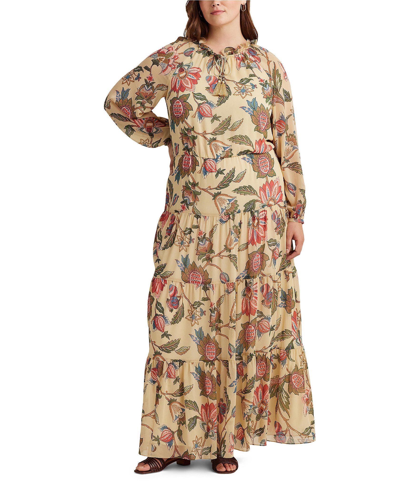 Lauren Ralph Lauren Plus Size Deirlee Floral Ruffle Trim Long Blouson Sleeve Maxi Dress Dillards 6837