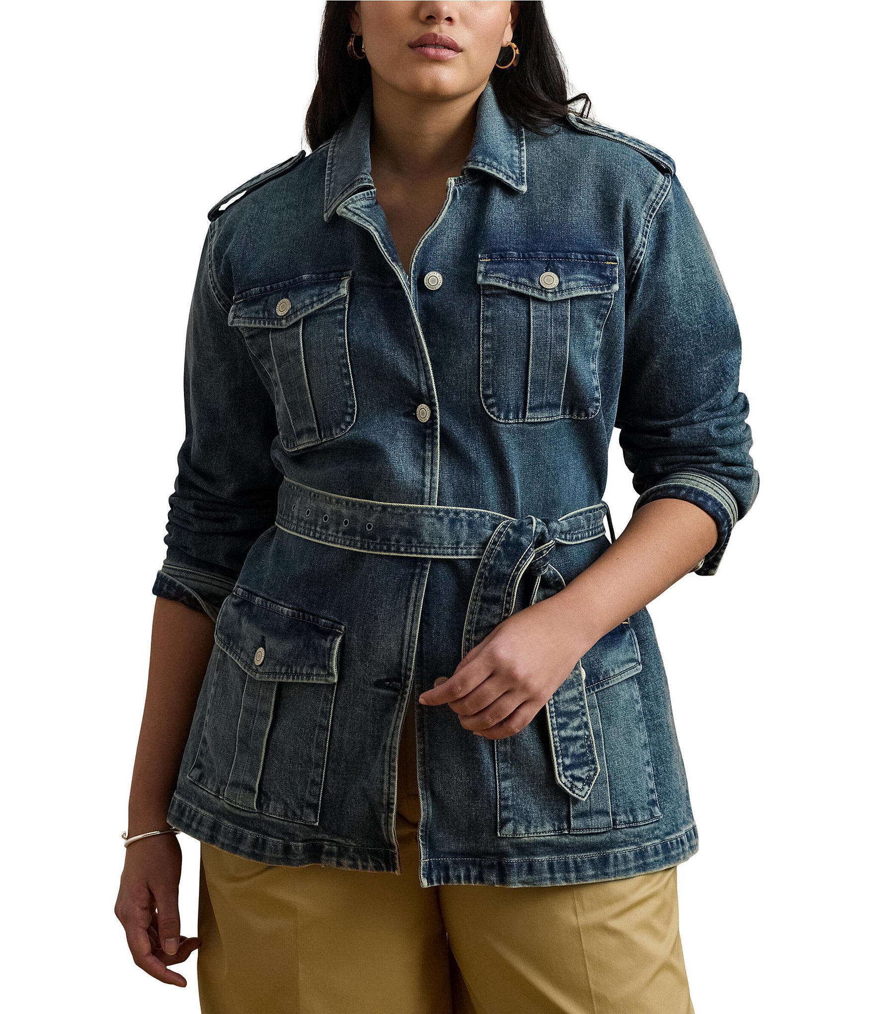 Lauren Ralph Lauren Plus Size Denim Long Sleeve Belted Button Front Field Jacket