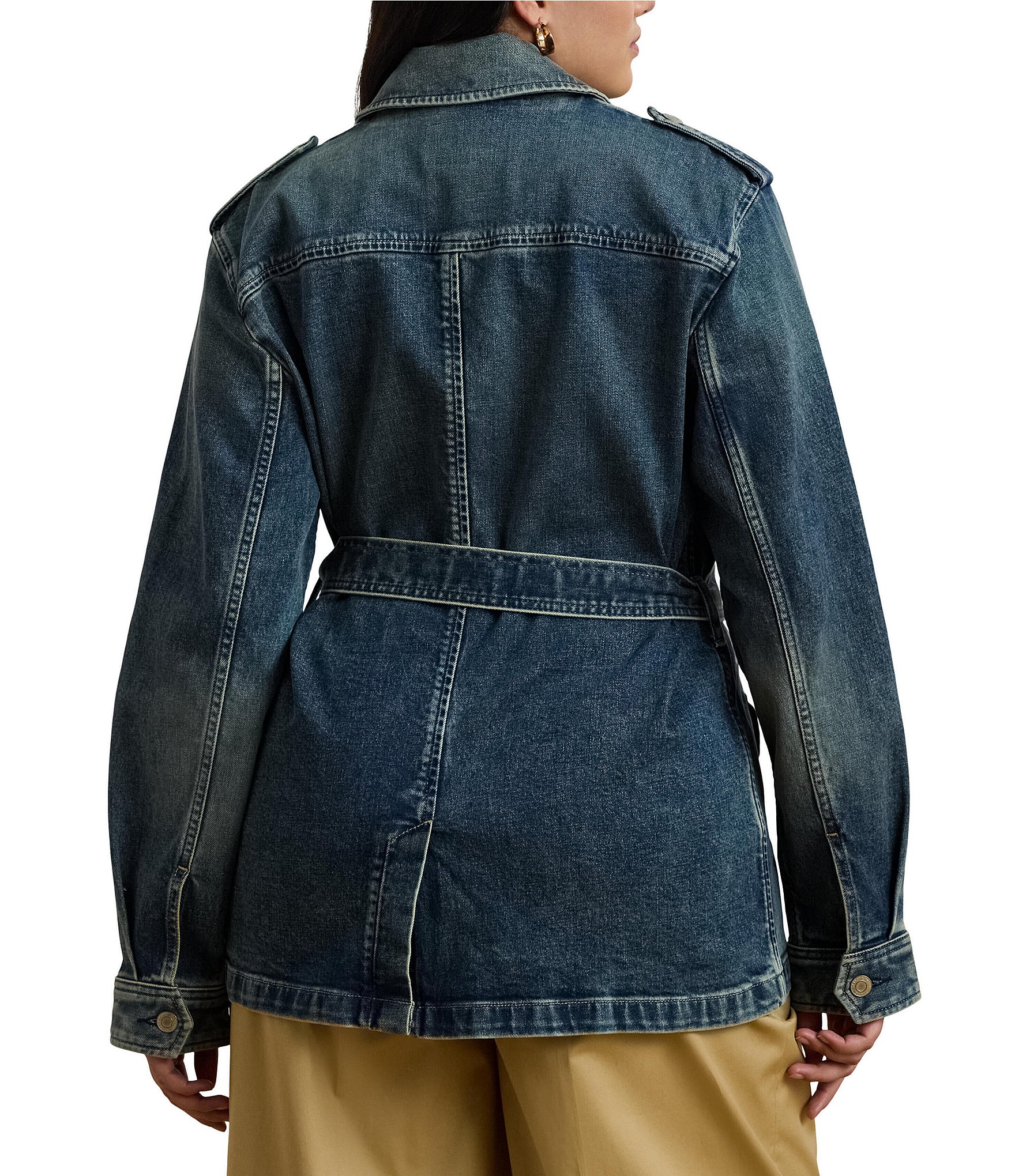 Lauren Ralph Lauren Plus Size Denim Long Sleeve Belted Button Front Field Jacket