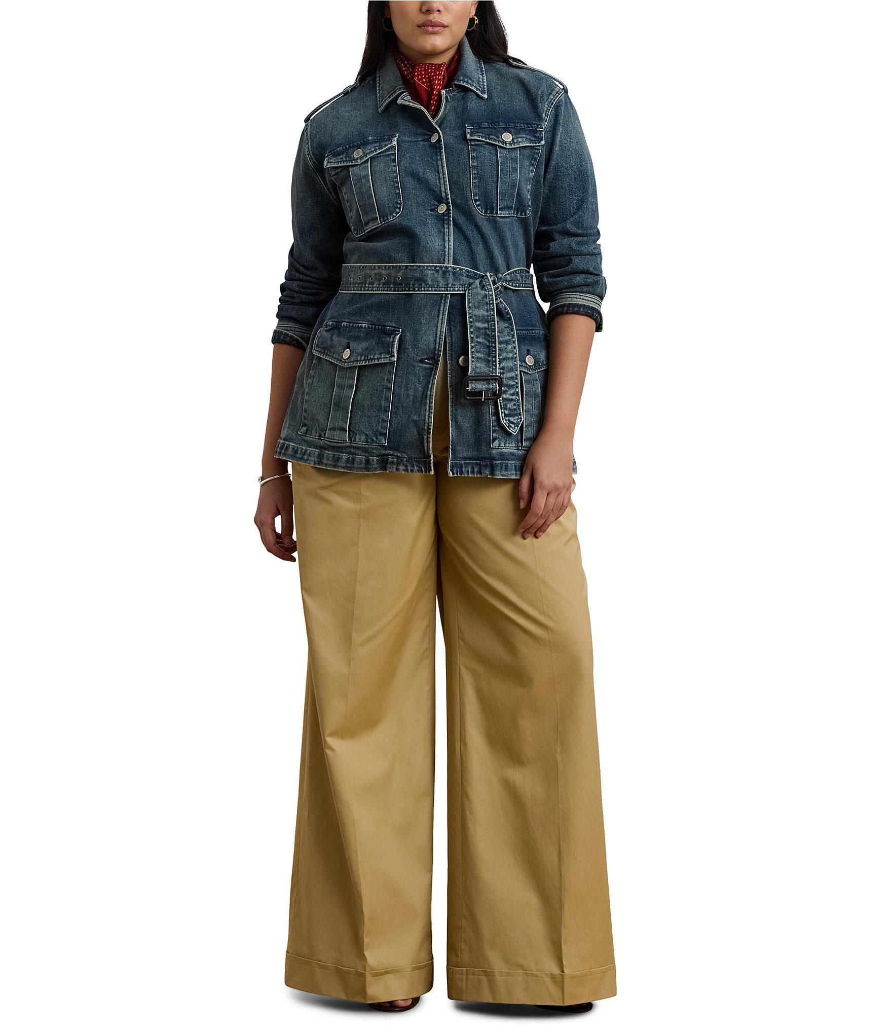 Lauren Ralph Lauren Plus Size Denim Long Sleeve Belted Button Front Field Jacket