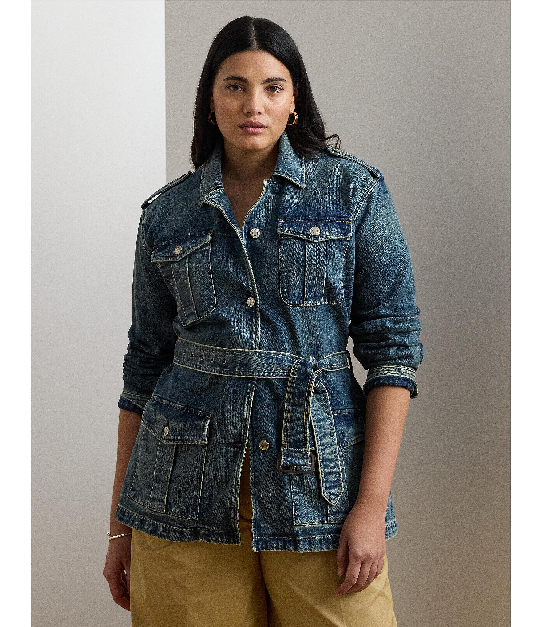 Lauren Ralph Lauren Plus Size Denim Long Sleeve Belted Button Front Field Jacket