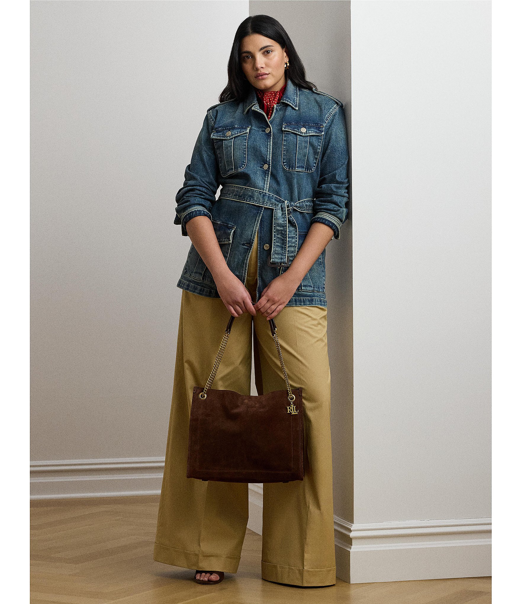 Lauren Ralph Lauren Plus Size Denim Long Sleeve Belted Button Front Field Jacket