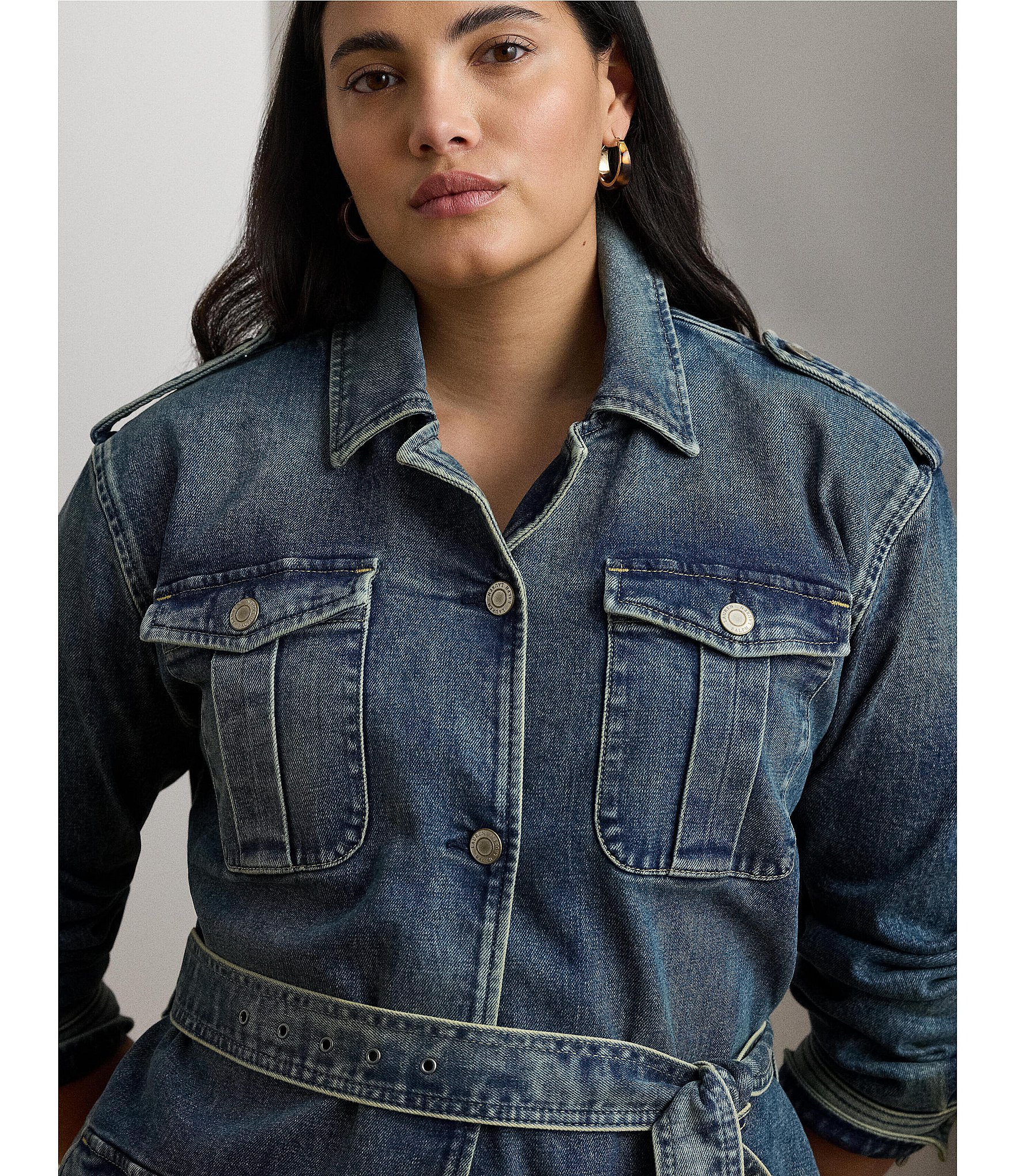 Lauren Ralph Lauren Plus Size Denim Long Sleeve Belted Button Front Field Jacket