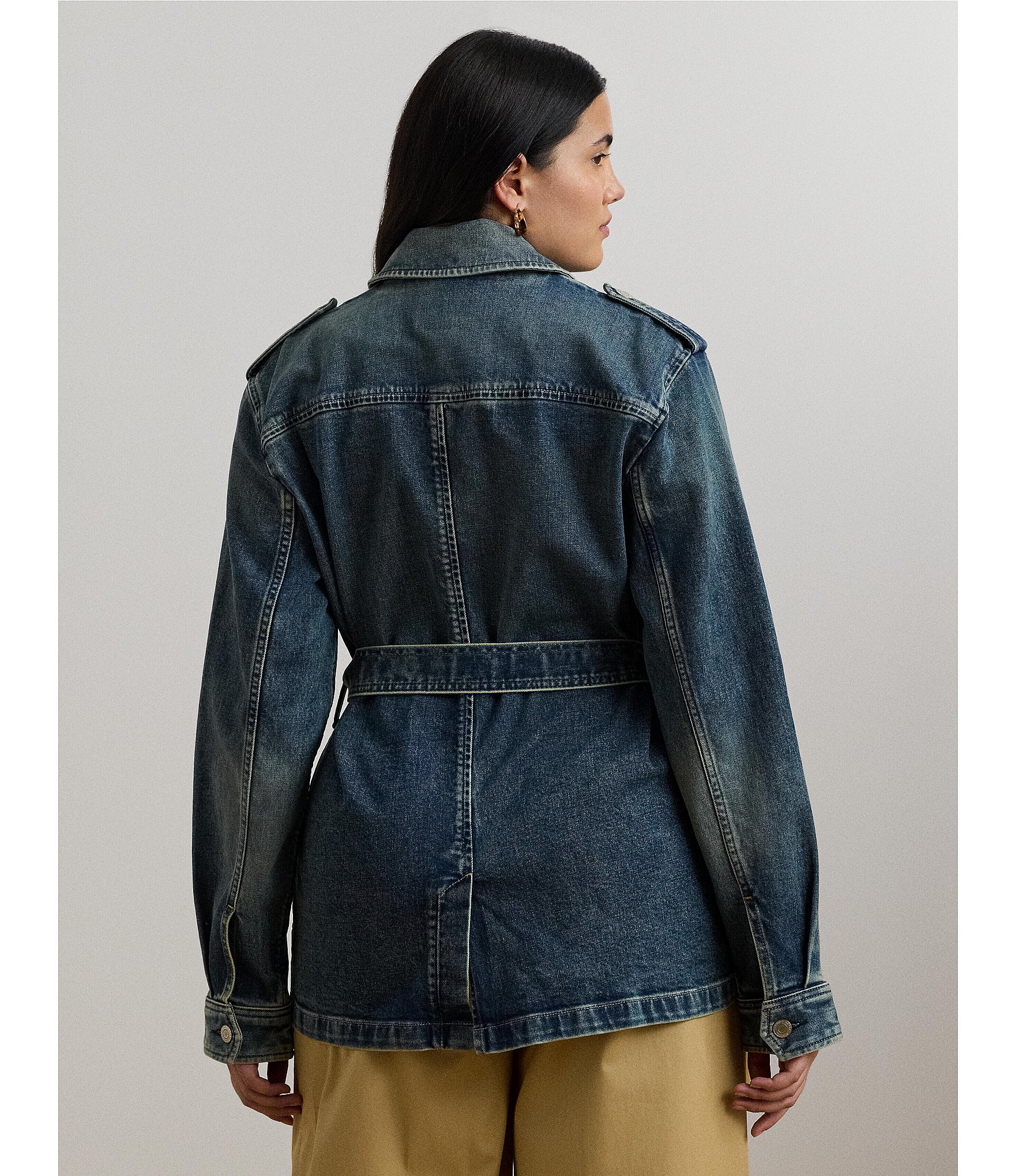 Lauren Ralph Lauren Plus Size Denim Long Sleeve Belted Button Front Field Jacket