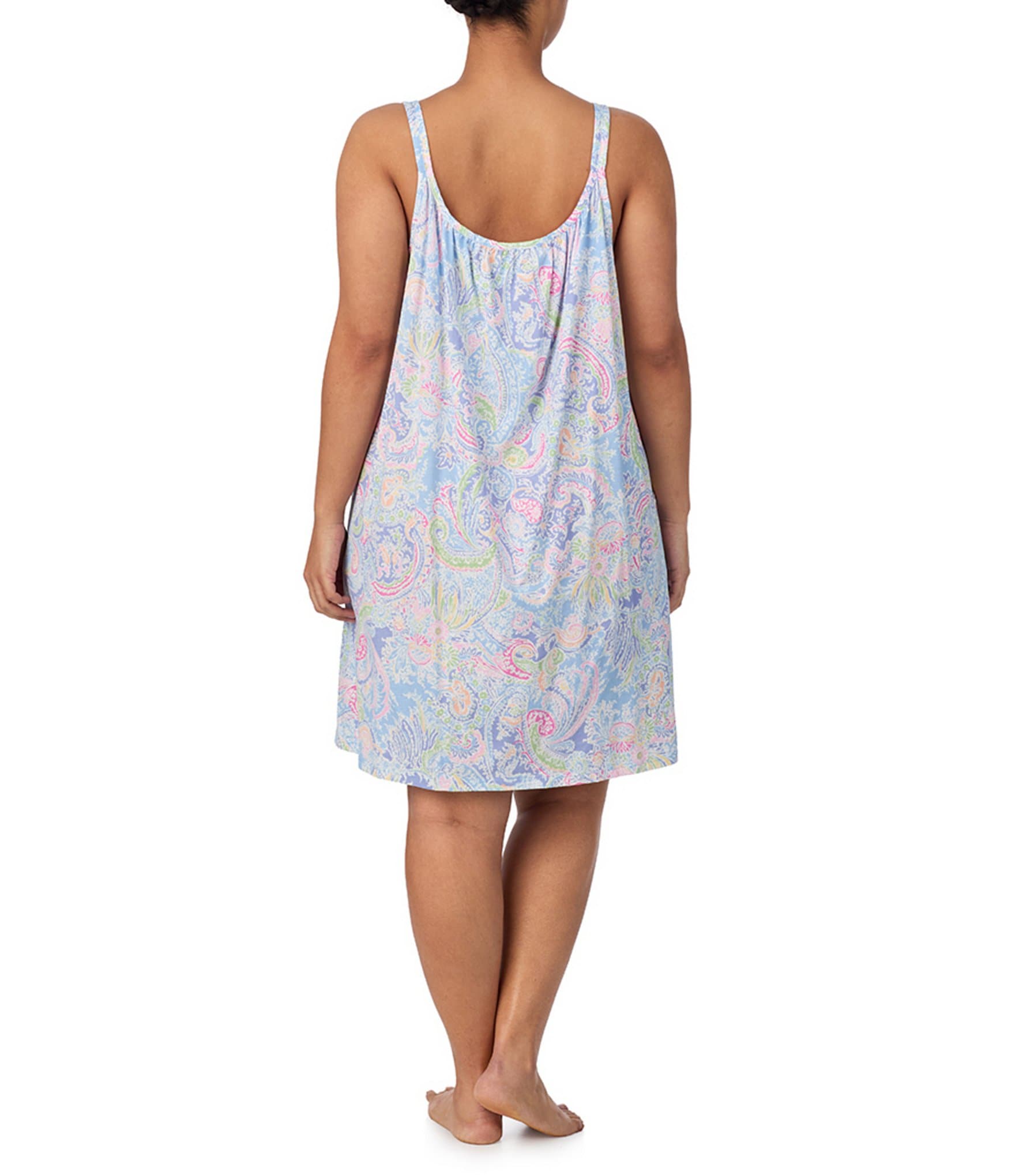Lauren Ralph Lauren Plus Size Double Strap Button Scoop V-Neck Paisley Print Knit Chemise